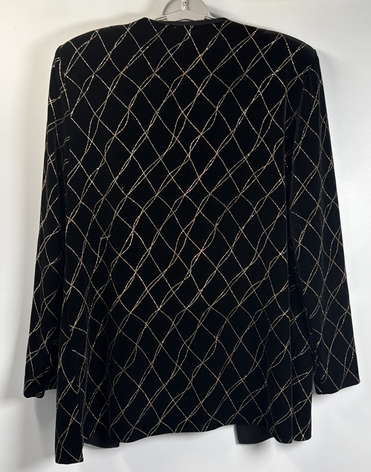 J.B.S. LTD. Size 12 Vintage Velvet Metallic Grid Open Front Jacket Black/Gold