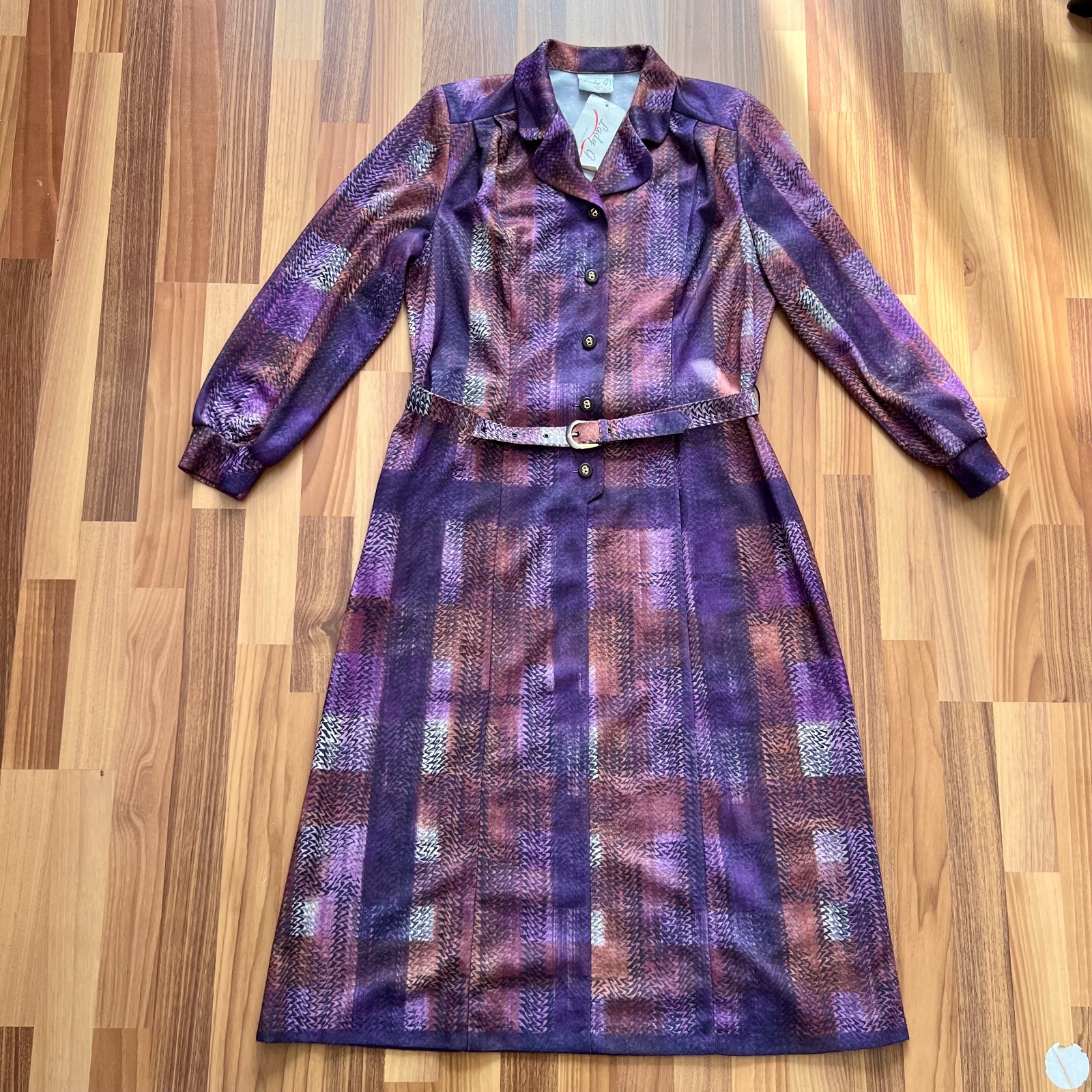1970s Geometric Print Button Front Midi Dress Belted Long Sleeves Aline EU 40