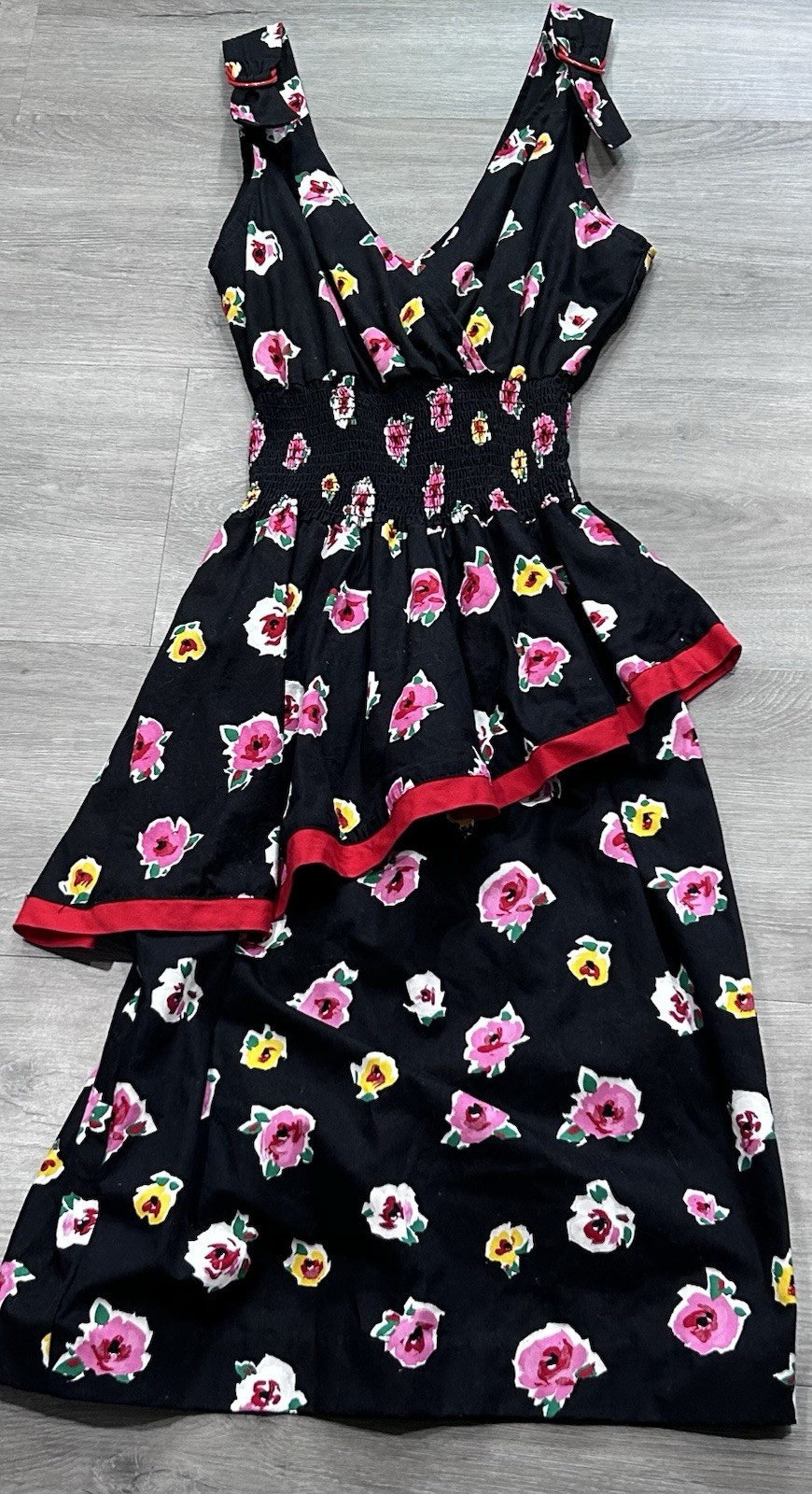 Vtg CHOON California Floral Dress 100% Cotton Smocked Waist Asymmetric Peplum 8