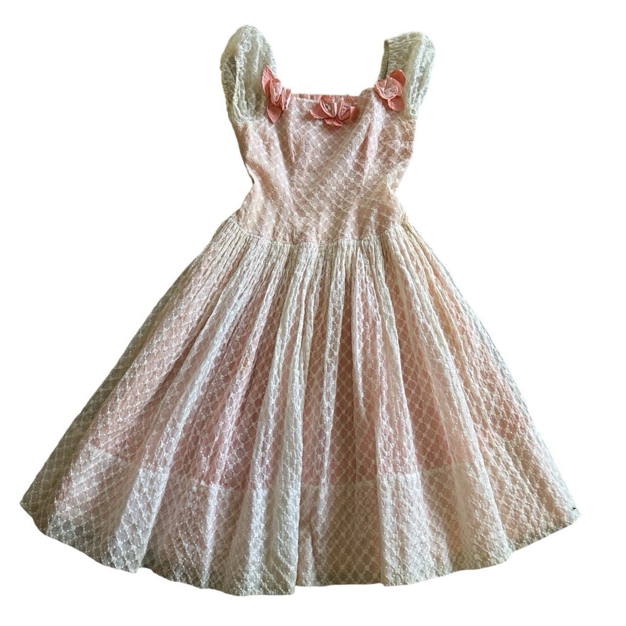 1940s blush pink puff sleeve fairy cottage princess floral appliqué party dress
