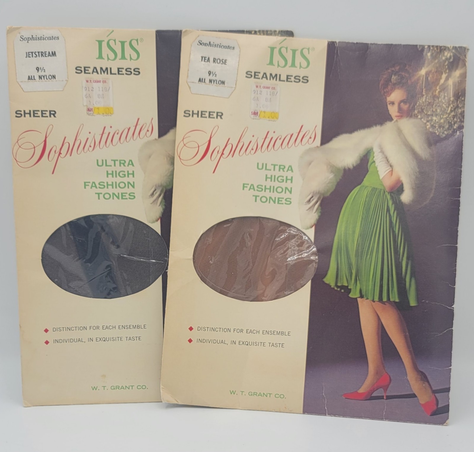 Nylon Garter Stockings 60s, 2 Pair 9.5, Tea Rose & Jetstream, Isis Sophisticates
