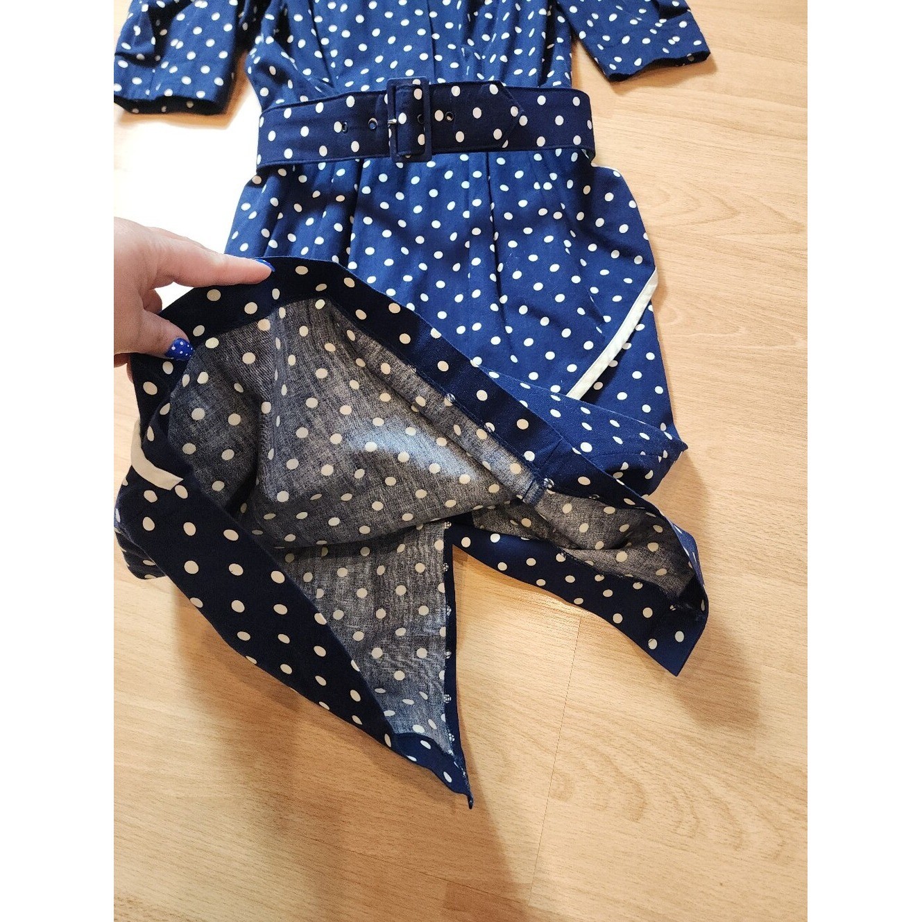 Vintage Choon California Dress Blue White Polka Dots Belt Pockets Est Size XS