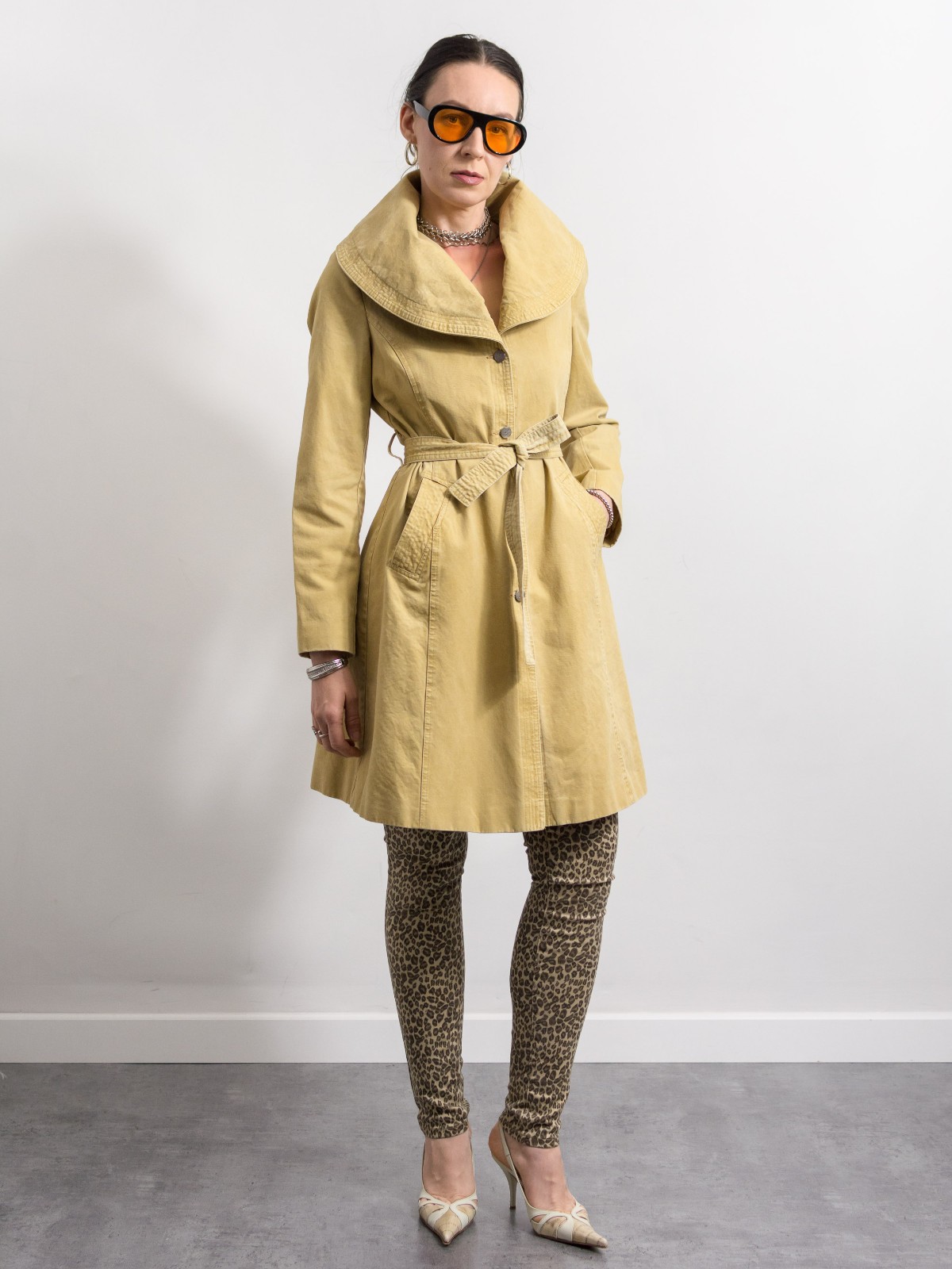 Vintage Denim Trench Coat Sand Wash Belted Tailored Fit L