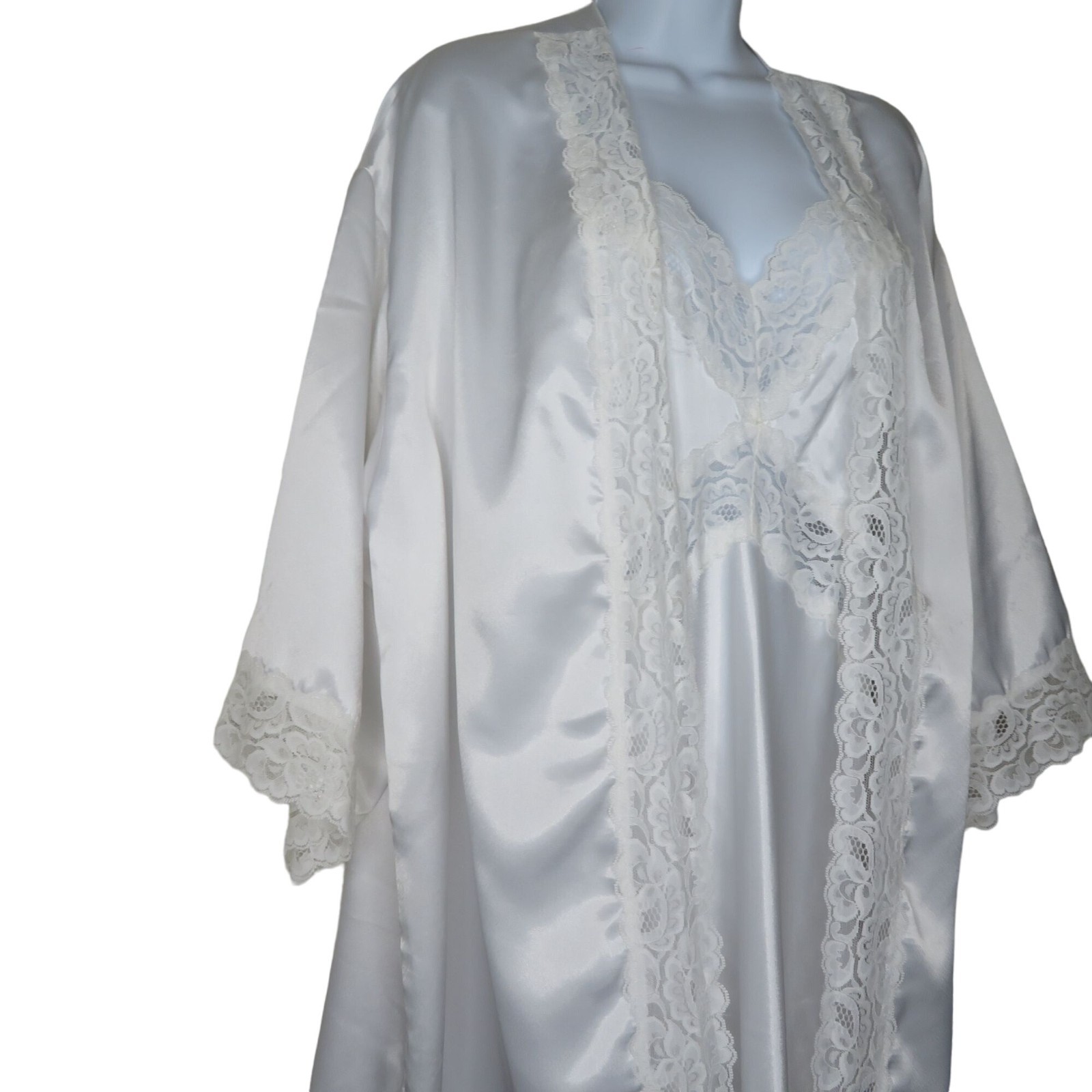 Vintage White Lace Satin Slip Nightgown Robe Peignoir Set Wedding Honeymoon