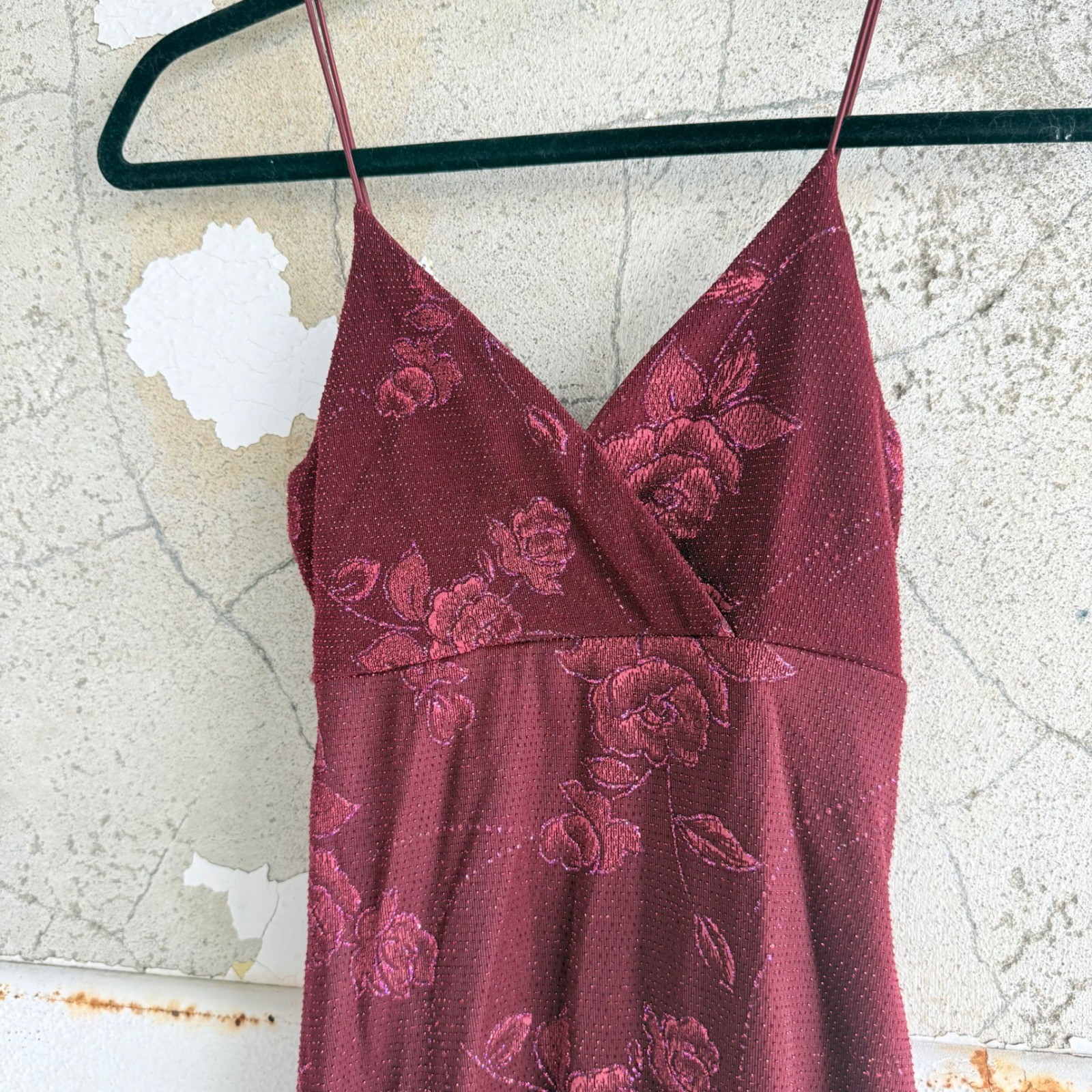 Vtg 90s Midi Dress Floral Asymmetrical Burgundy Glitter My Michelle S USA Made