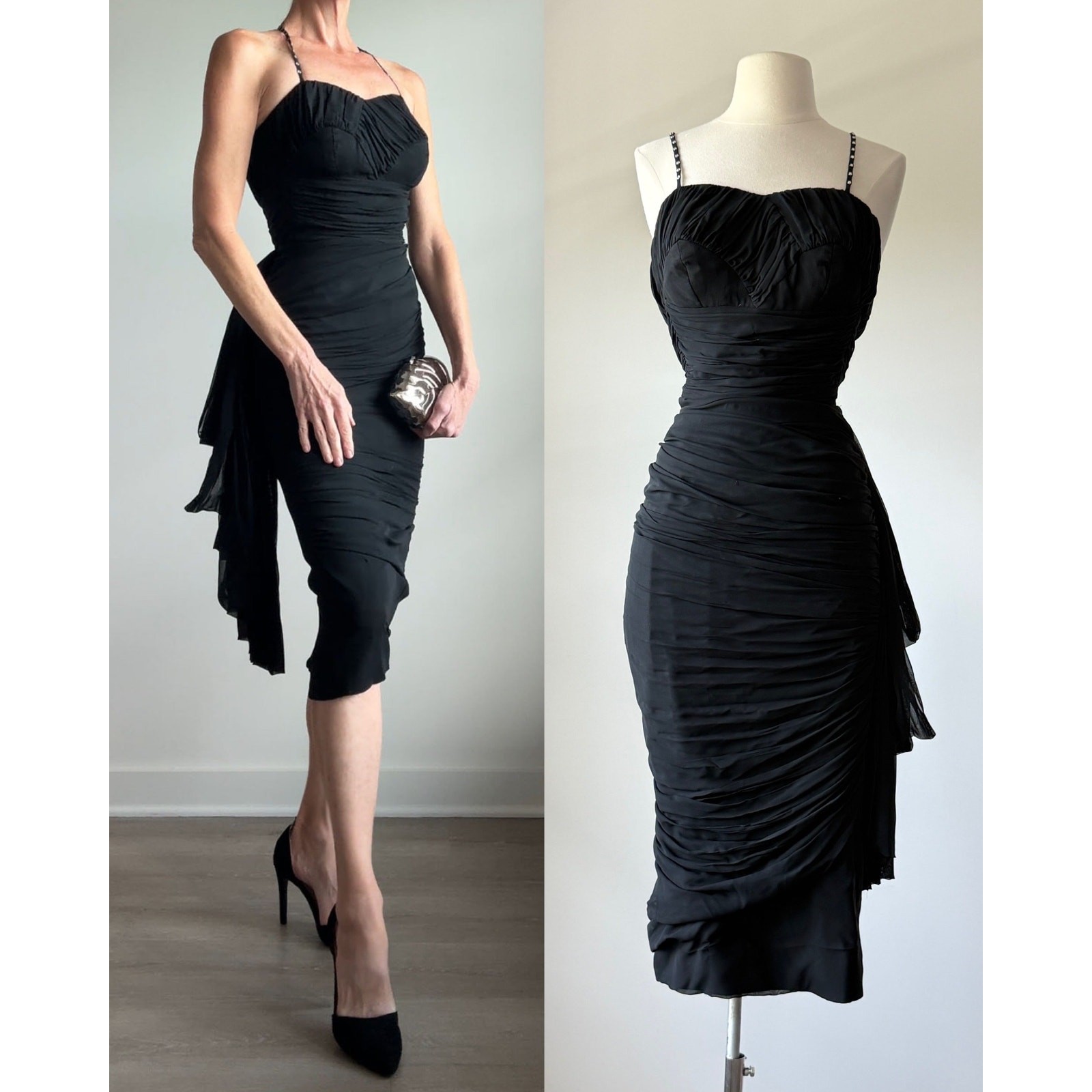 Vintage 1950s Black Chiffon Bombshell Cocktail Wiggle Party Dress XS/S