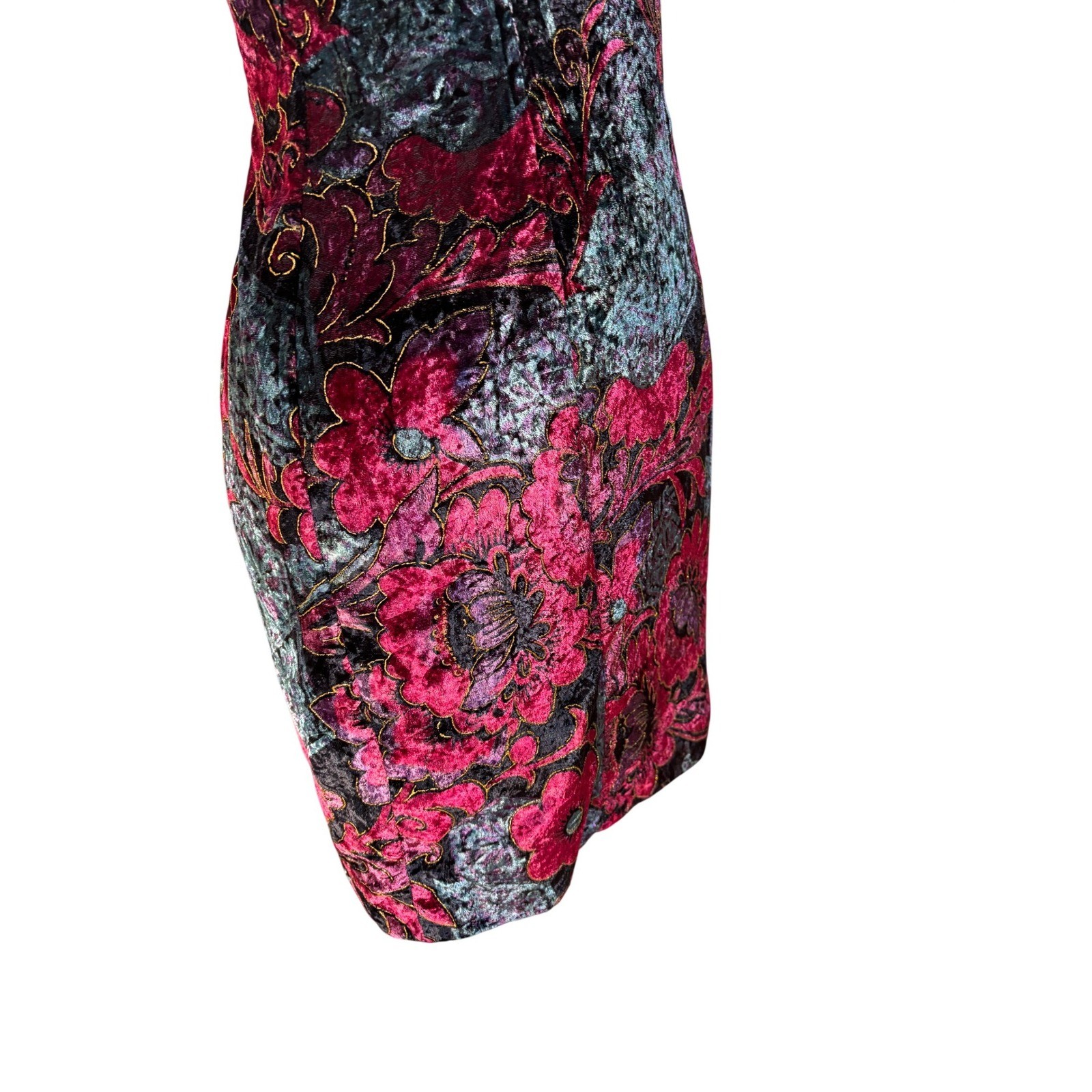 90s Rampage Floral Prom Velvet Bodycon Dress Burgundy Gold Burnout Vintage