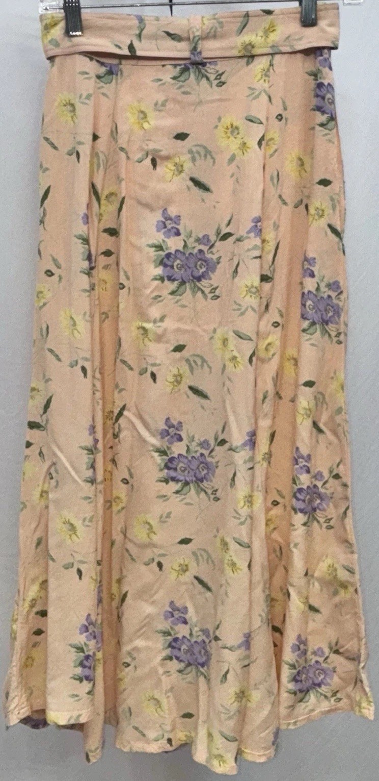 QPS Women Size 4 Vintage Button Up Belted Midi Godet Skirt Peach Floral Pockets