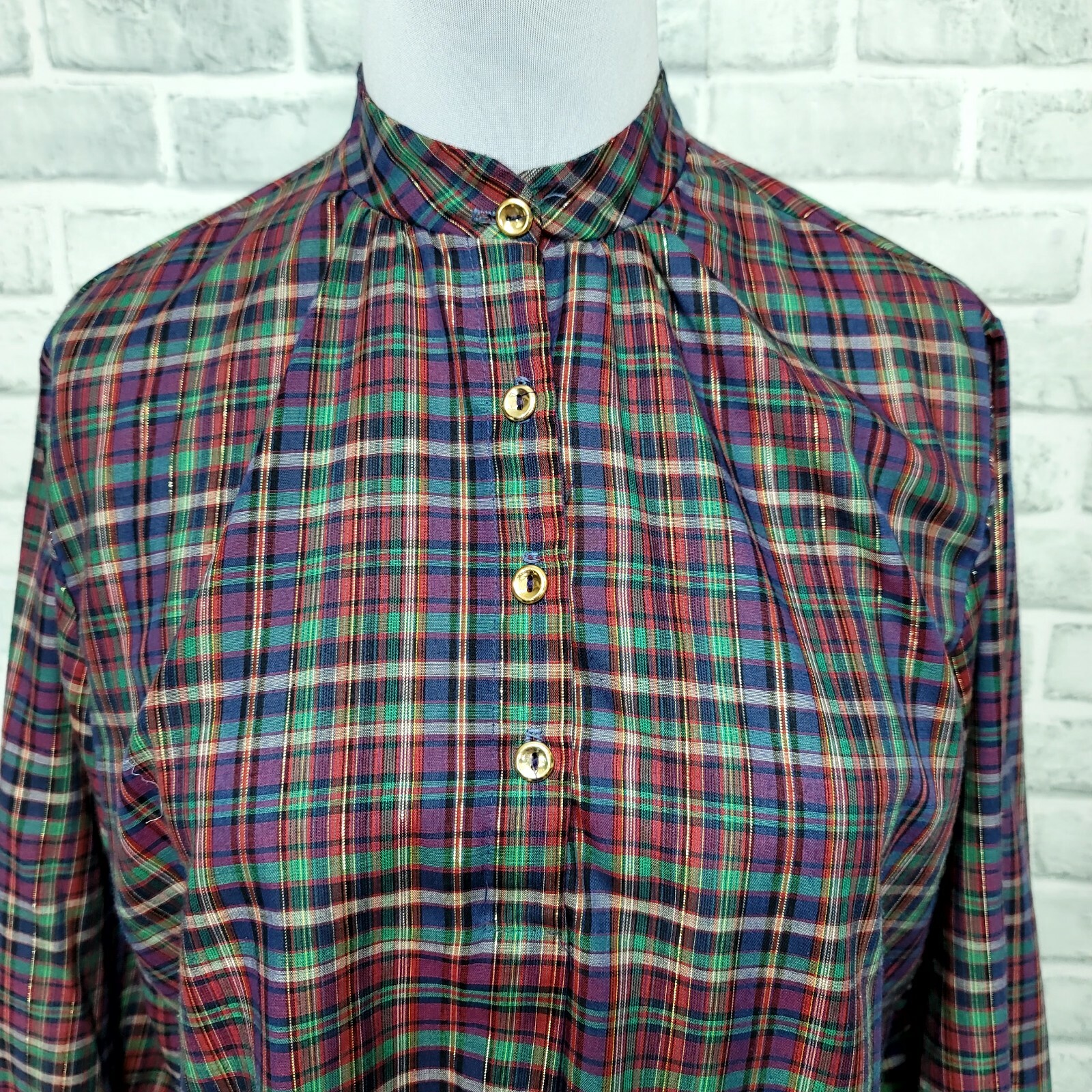 Vintage 70s 80s Plaid Sheer Lightweight 1/4 Button Down 3/4 Sleeve Blouse