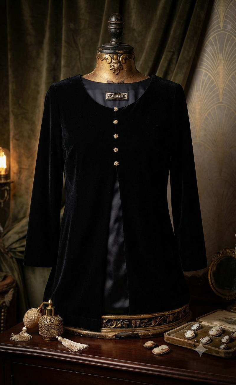 Vintage Filigree Ltd Black Velvet Dress Satin Lined Flower Button Size 8-10