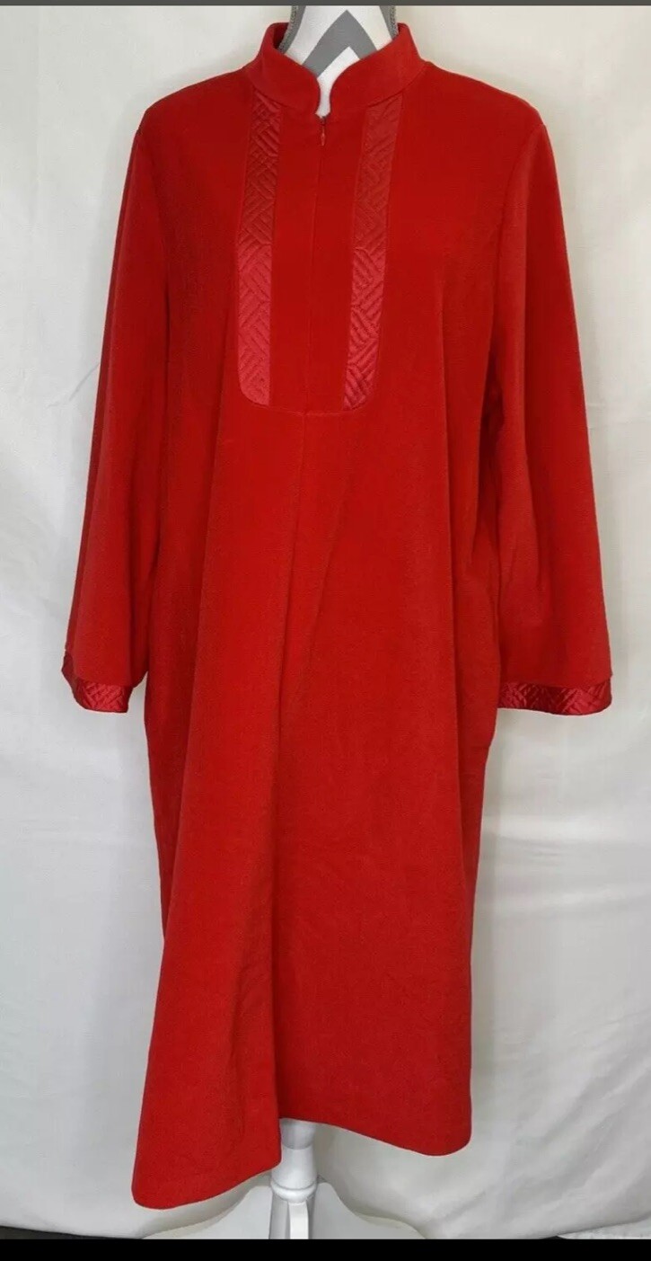 Vintage Vanity Fair Velour Zip House Coat / Robe Size Lg Red Quilted Detail