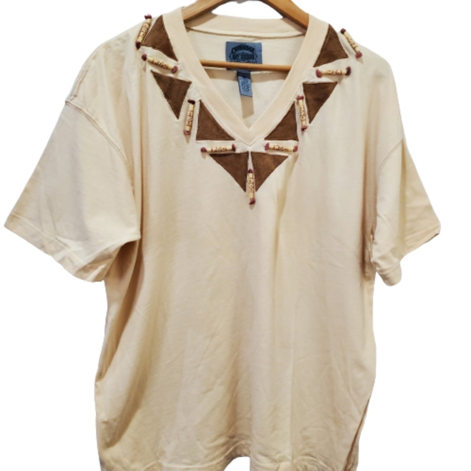 Cambridge Dry Goods Vintage Blouse Womens XL 90s Tan Beaded V-Neck Boho Retro