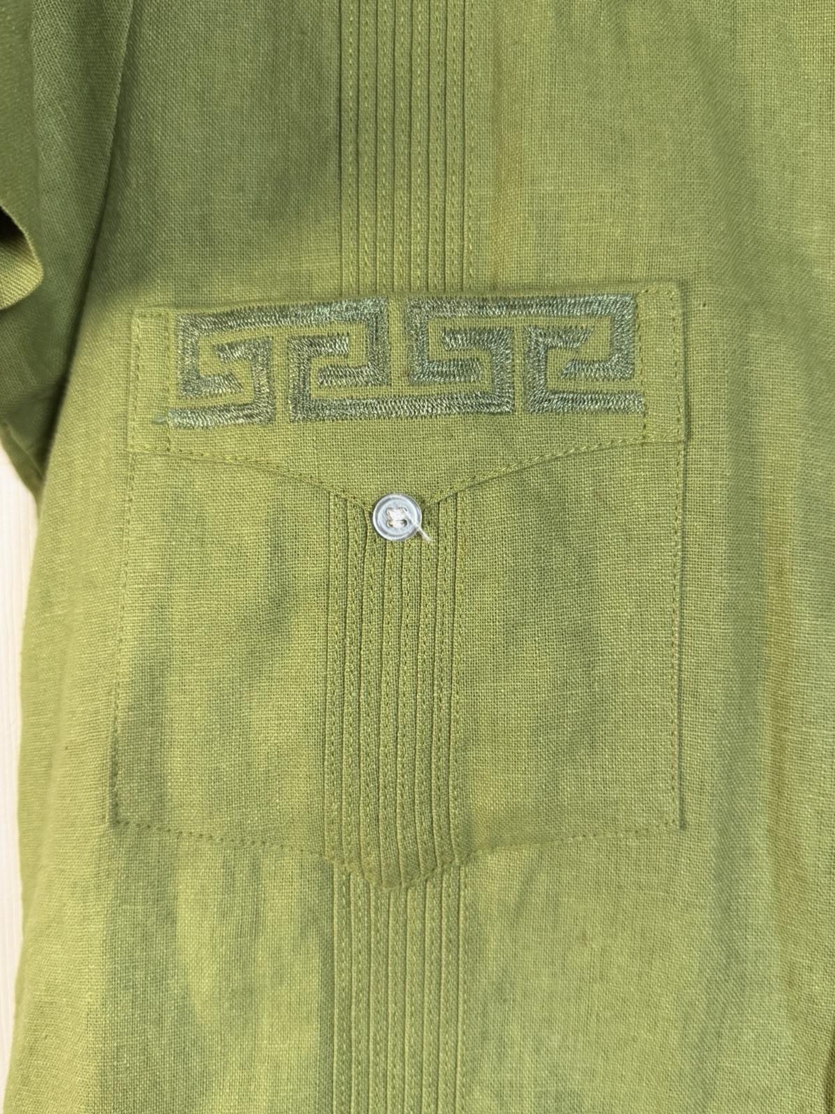 Vintage Panama Souvenir Guayabera Shirt S 55% Linen Cotton Green 4 Pocket