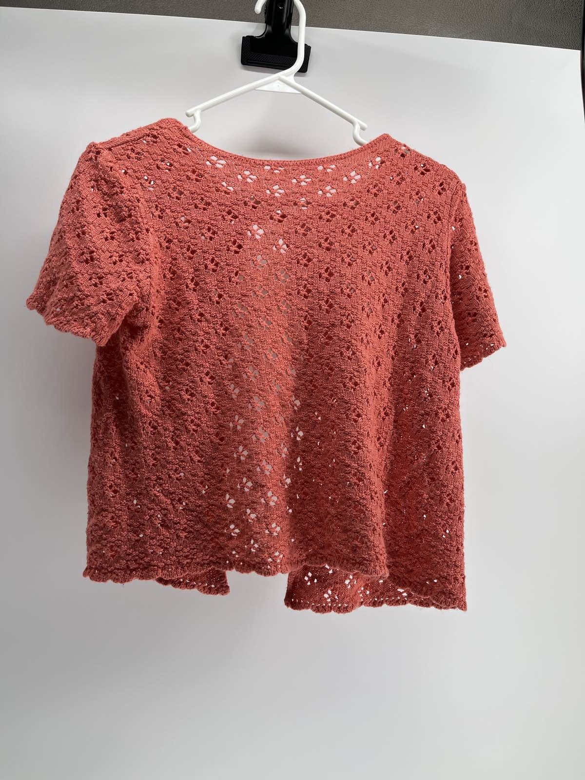 Crochet Knit Cardigan Women’s Coral Short Sleeve Open Front Button Top S