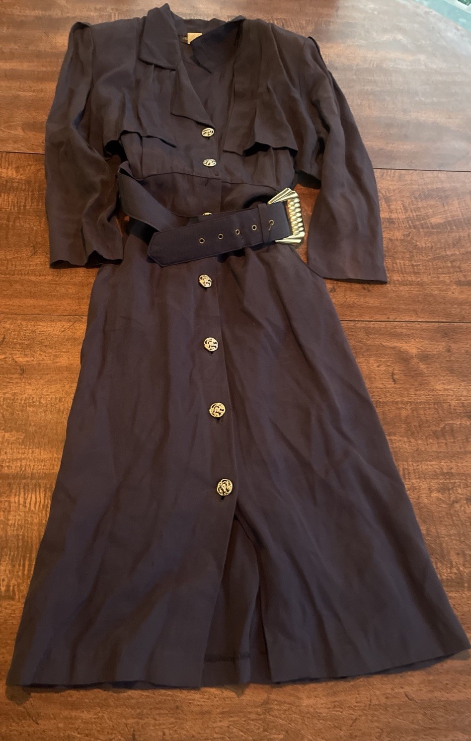 Vintage Positive Influence Navy Belted Midi Dress USA Art Deco Buttons Size 6
