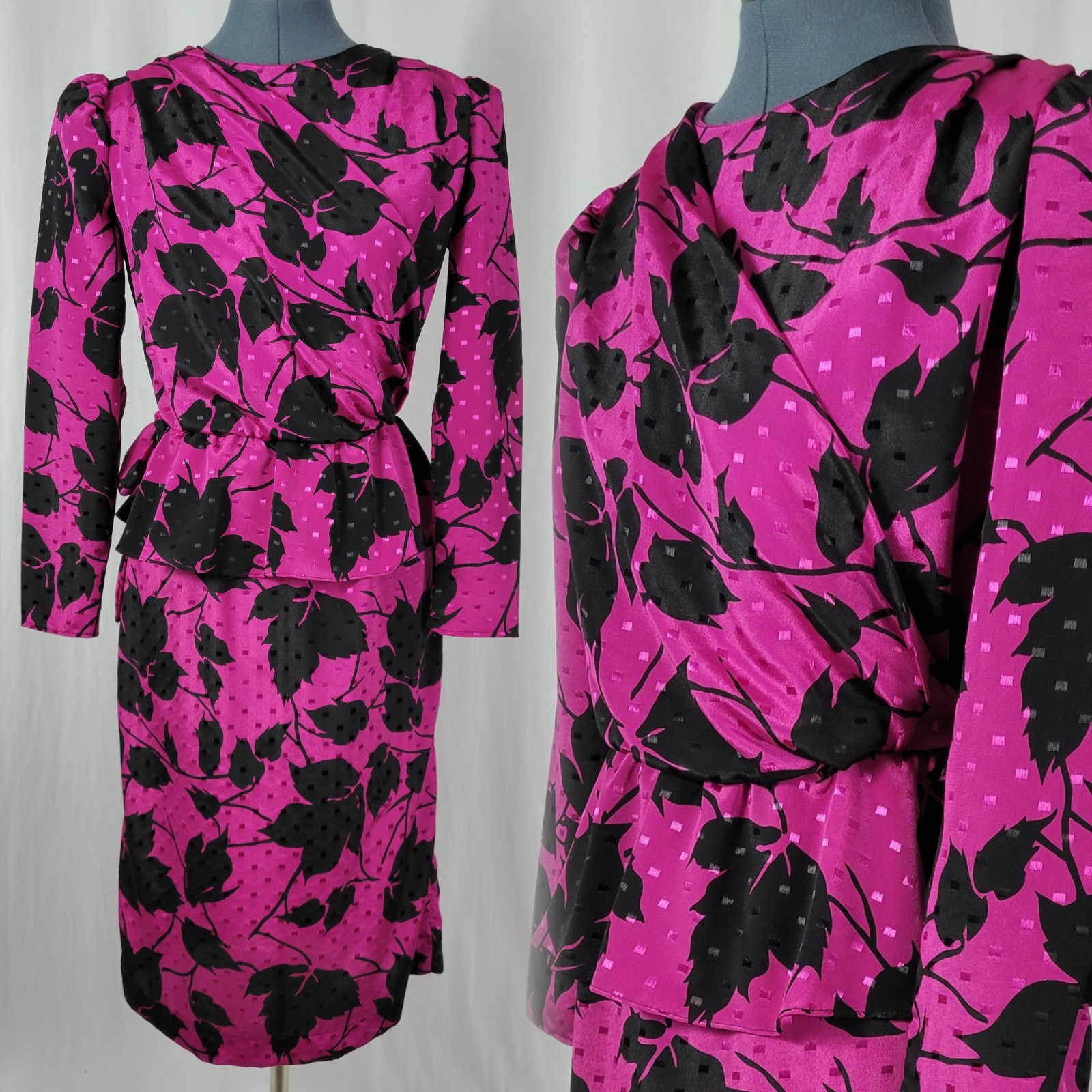 Vintage Jody of CA Pink & Black Faux Wrap Dress w Peplum & Tie Back Size 3/4