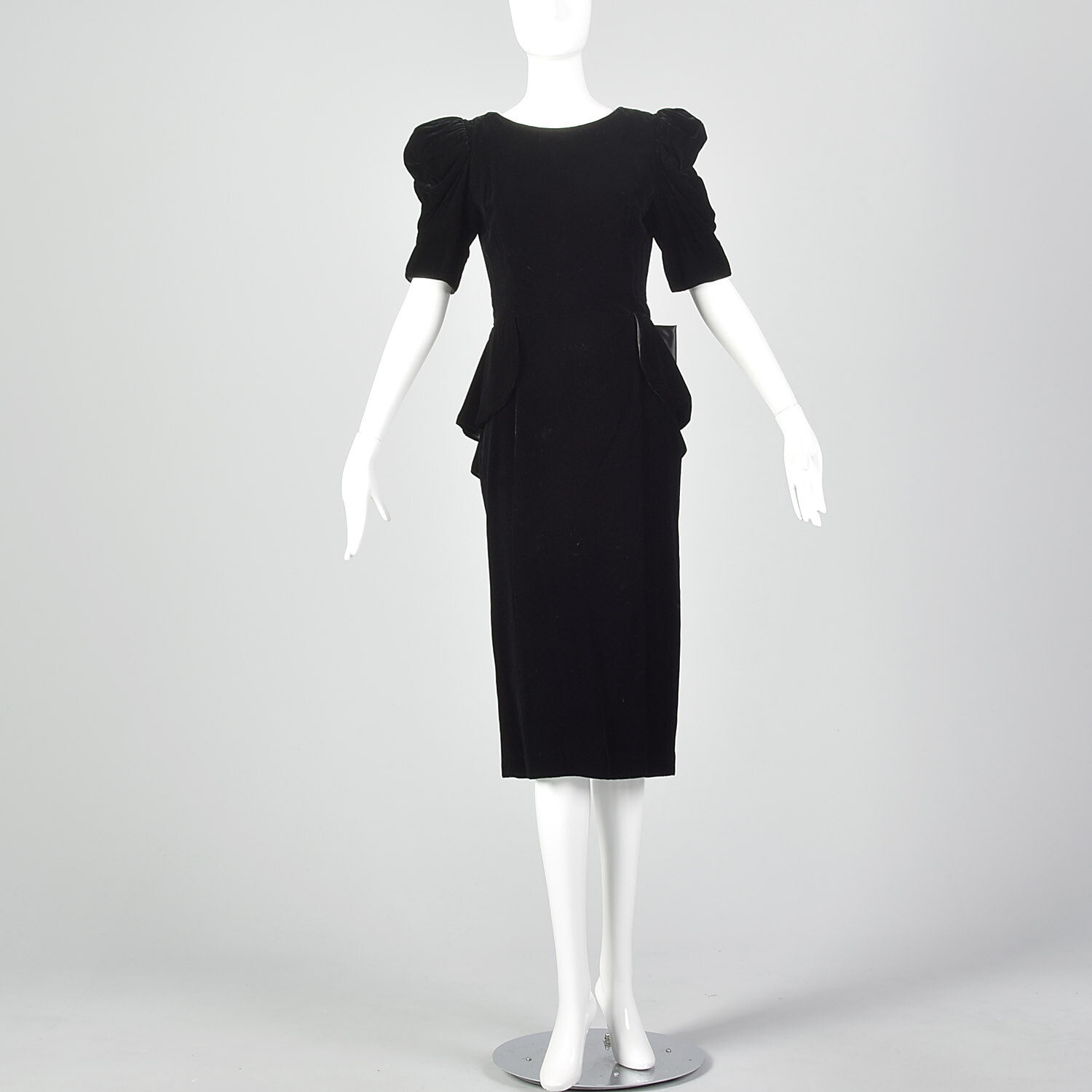XS 1980s Black Velvet Peplum Dress 80s Does 40s Vintage Puff Sleeve Bow VTG Glam