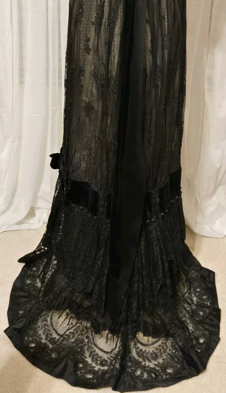 Edwardian Black Chantilly Lace Tassels & Velvet Trim Gown
