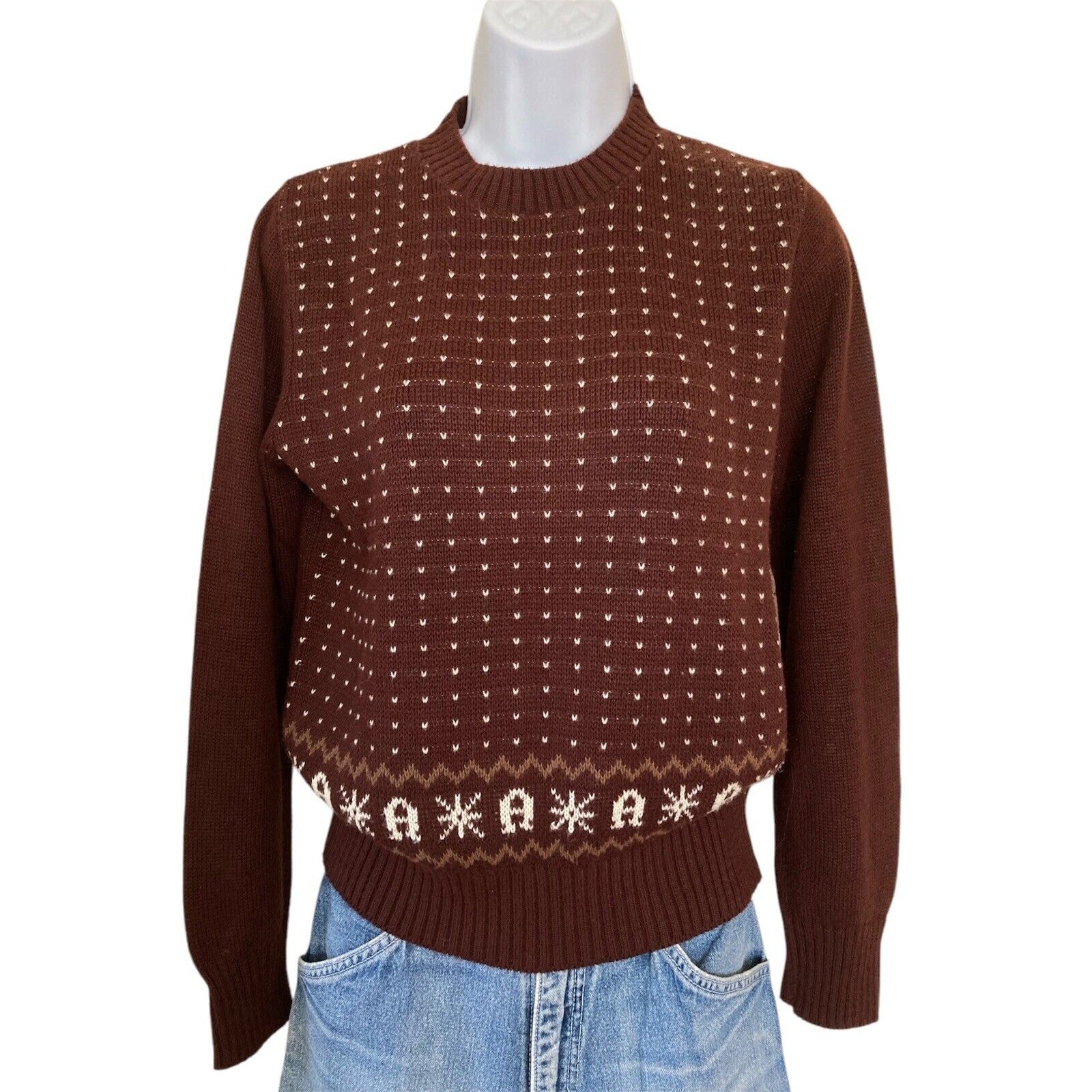 Vintage 70s 80s Etienne Aiger Brown Logo Boho Preppy Cottage Sweater Size S