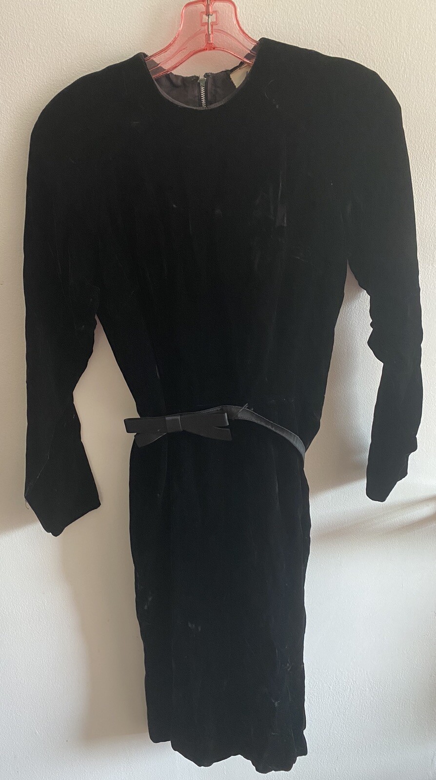 Vintage Parade New York Dress Black Velvet Long Sleeves Bow Belt SZ XS Chest 30”