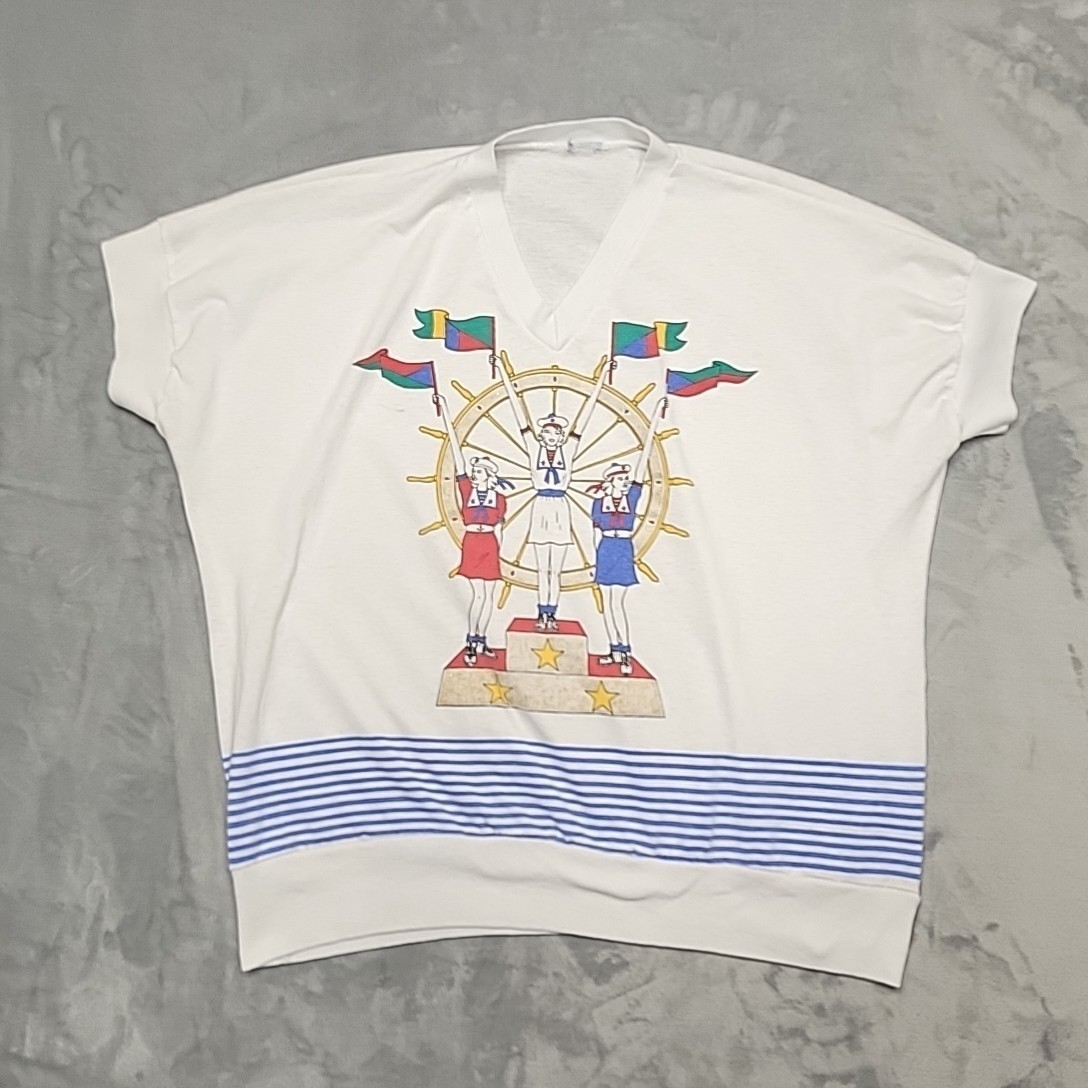 Vintage Sailor Shirt Women XL White Nautical Graphic Oversized V-Neck Retro