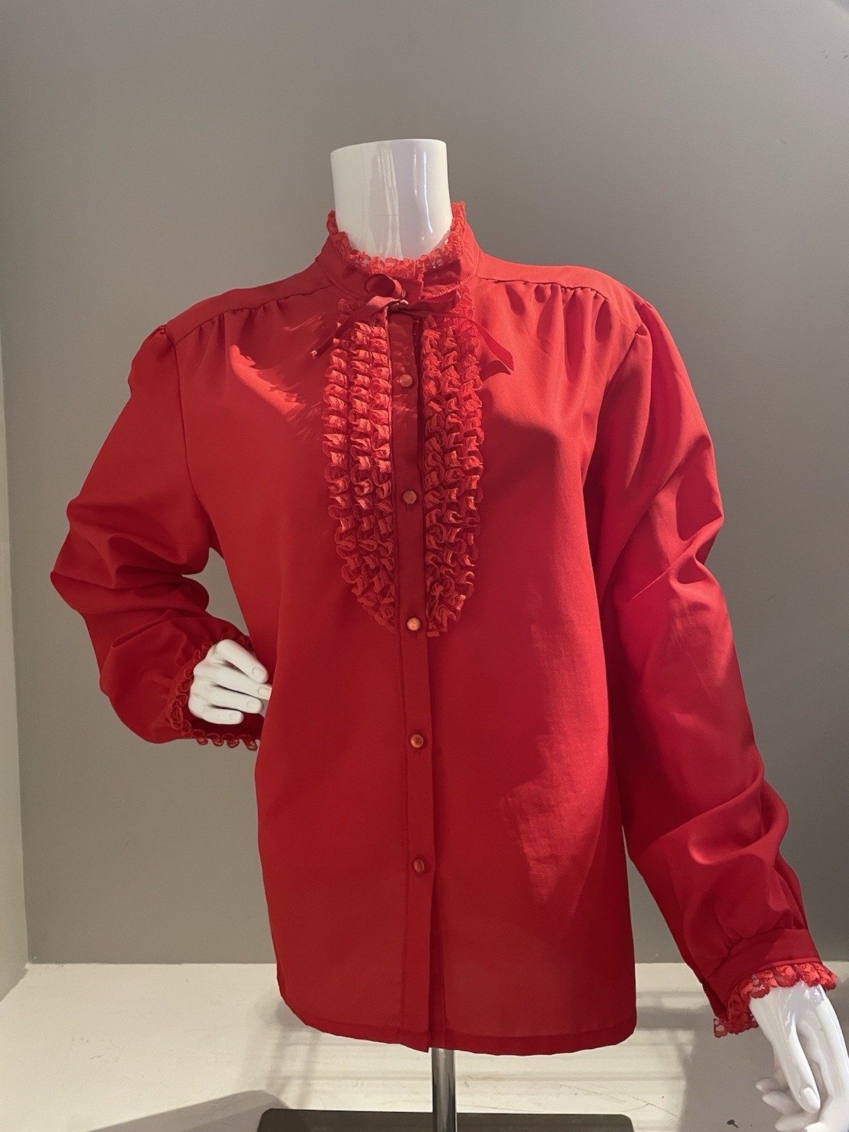 Vtg Secretary Blouse 70s Red Valentines Day Tuxedo Ruffles *see measurements
