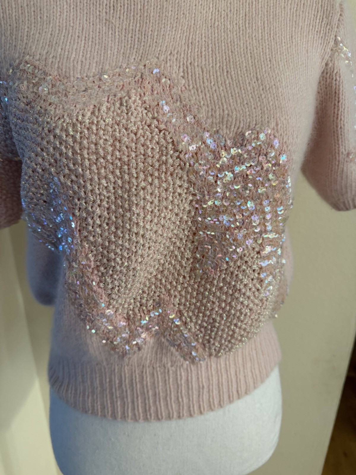 Vintage Ann Katrine S Pink Sequined Short Sleeve Sweater Lambswool, Angora, Wool