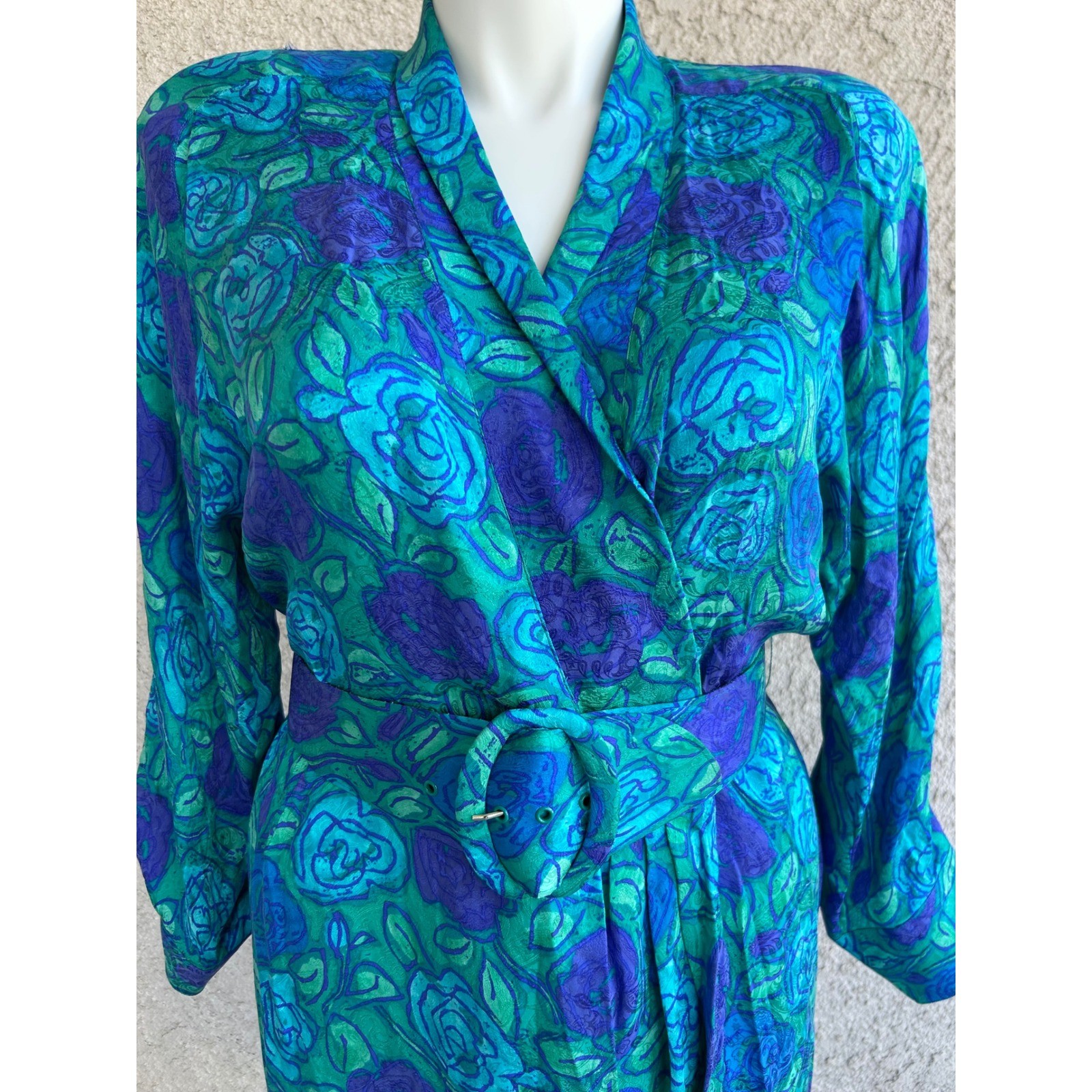Vintage Silk Floral Wrap Dress Sz 14 Teal Blue Purple 80s Belted