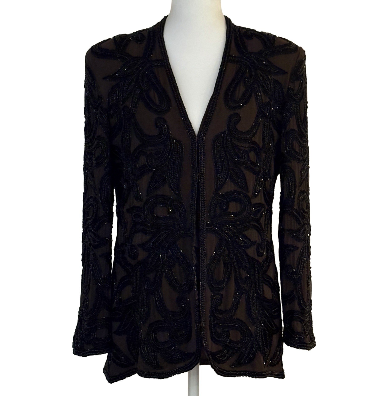 Oleg Cassini Black Tie Beaded Sheer Silk Jacket Top Black M