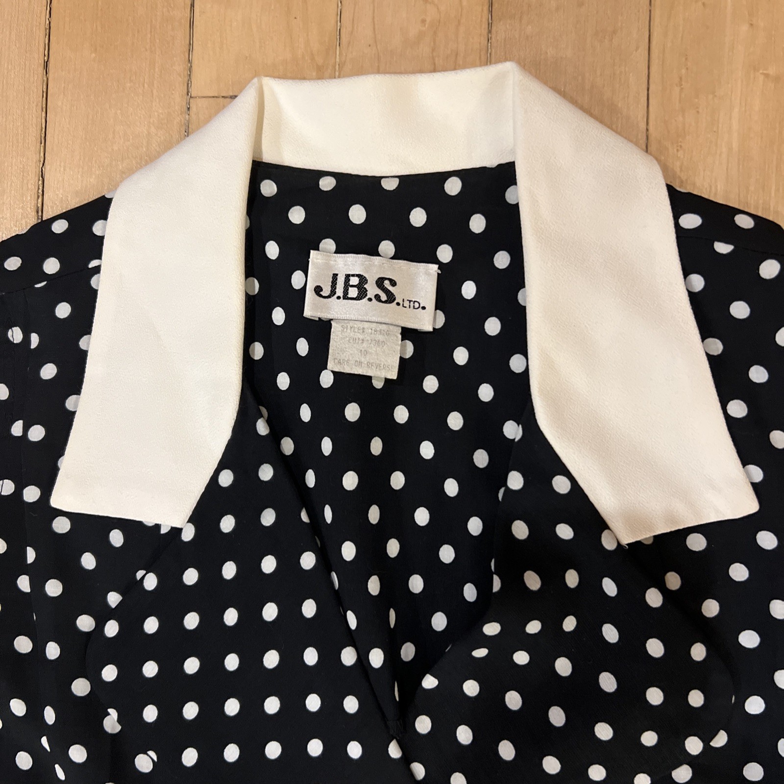 J.B.S. Ltd Black White Polka Dot Vtg Dress White Sailor Collar Sleeveless Sz 10