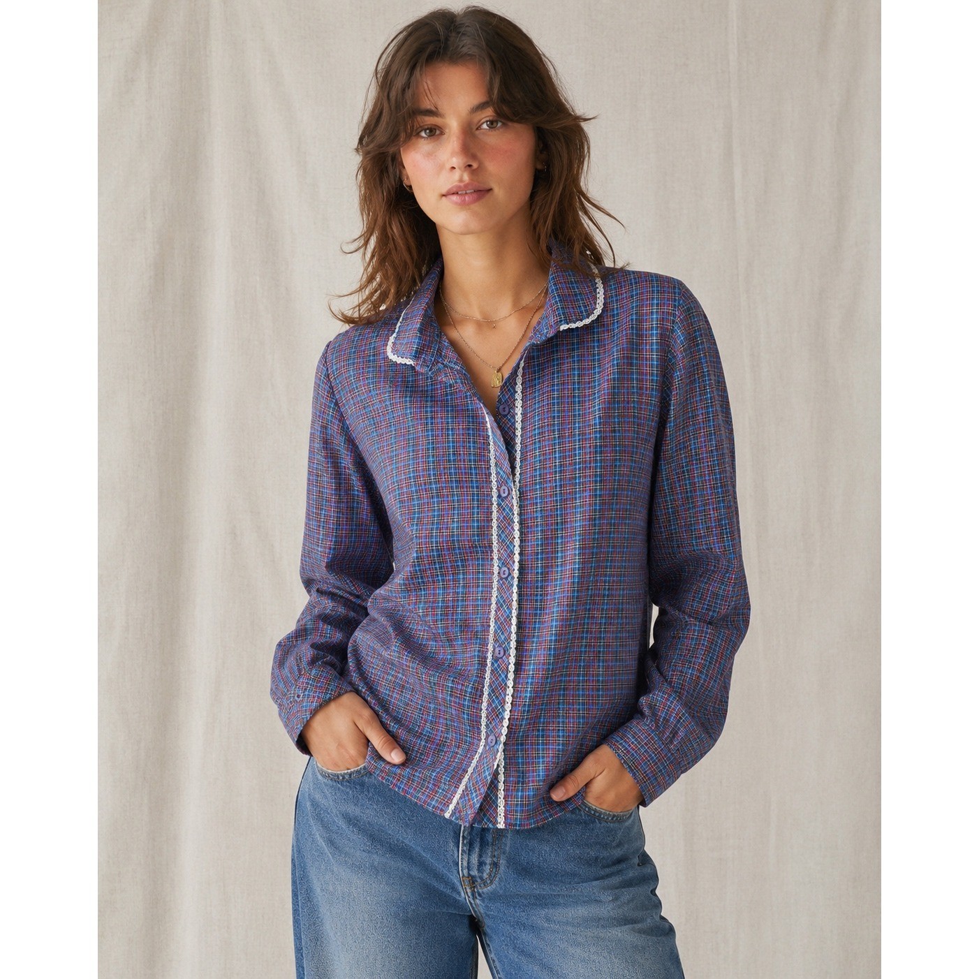 Shirley of Atlanta 70s Plaid Lace Trim Blouse Womens Size 38 Blue Red Vintage
