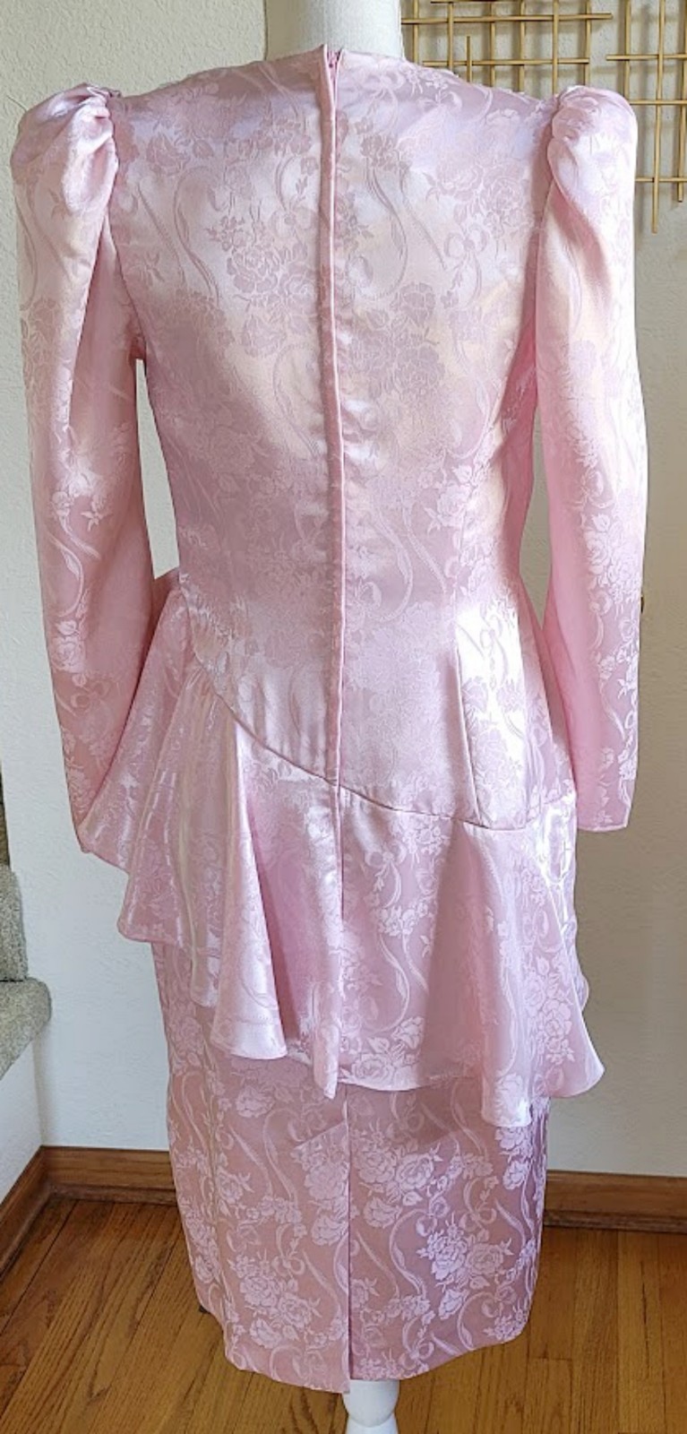 Vintage 80s Scott McClintock Pink Formal Dress 12 Gown Wedding Jacquard Peplum