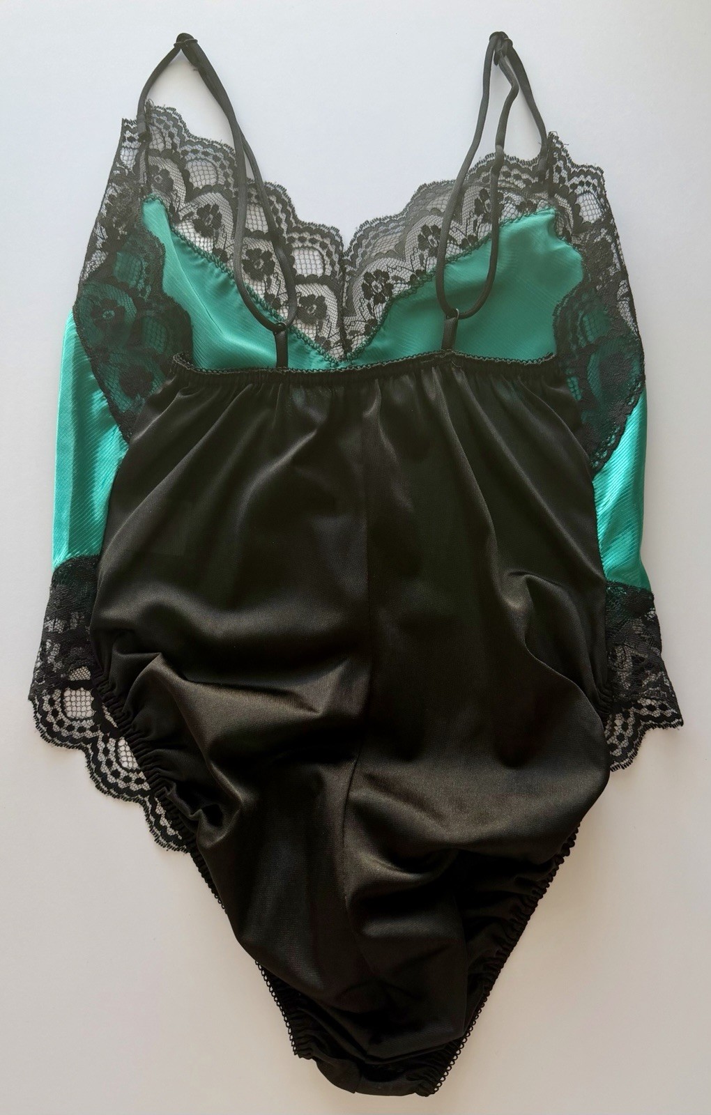 Vintage Lady Cameo Dallas Satin Lace Teddy Bodysuit Green Black USA M Medium