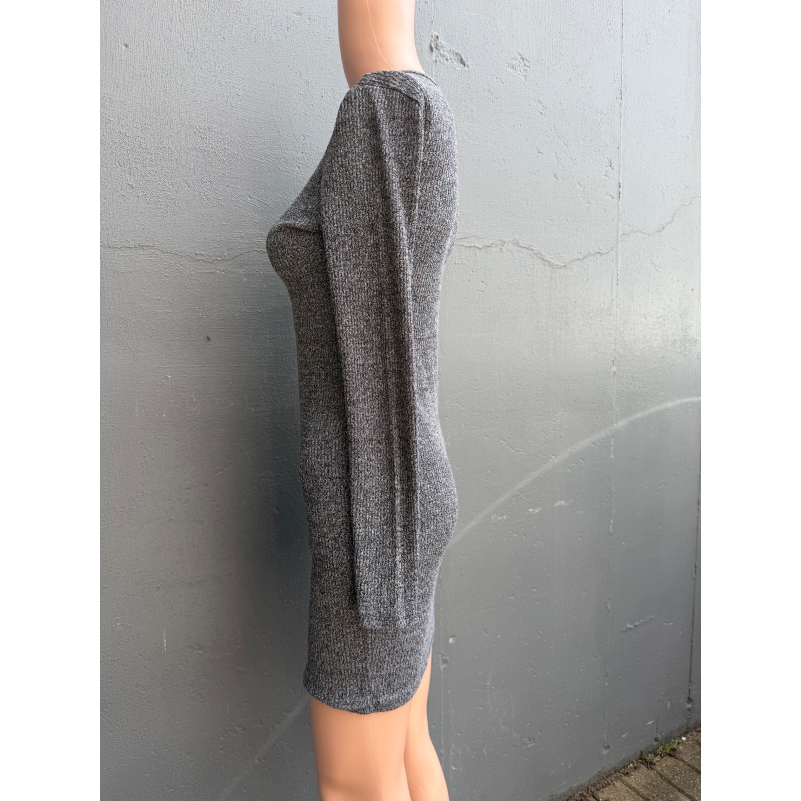 Vintage 90s Grey Ribbed Knit V-Neck minimalist layering Bodycon Mini Dress Small