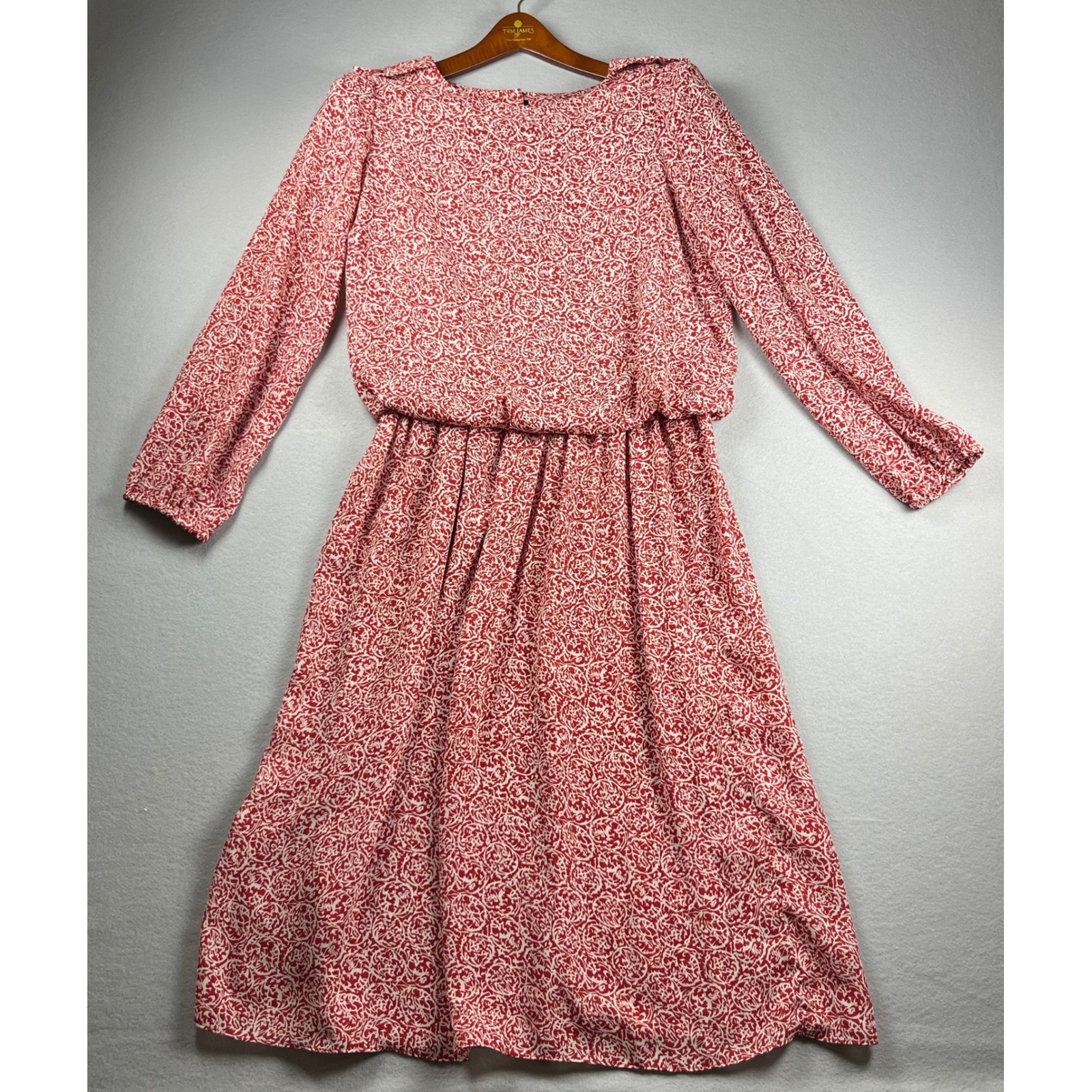 Vintage Carriage Court Red White Damask Blouson Midi Dress Size 12 Long Slv