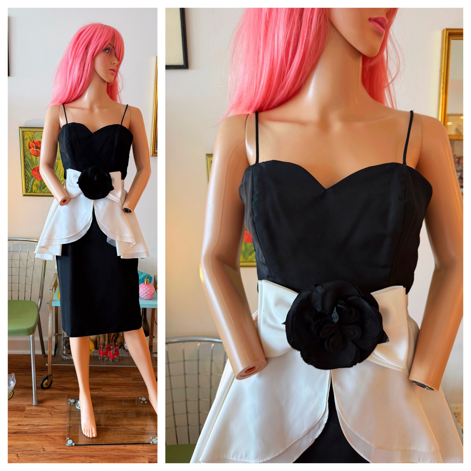 Vintage 80s Black White Colorblock Satin Peplum Rose Wiggle Cocktail Dress XS S