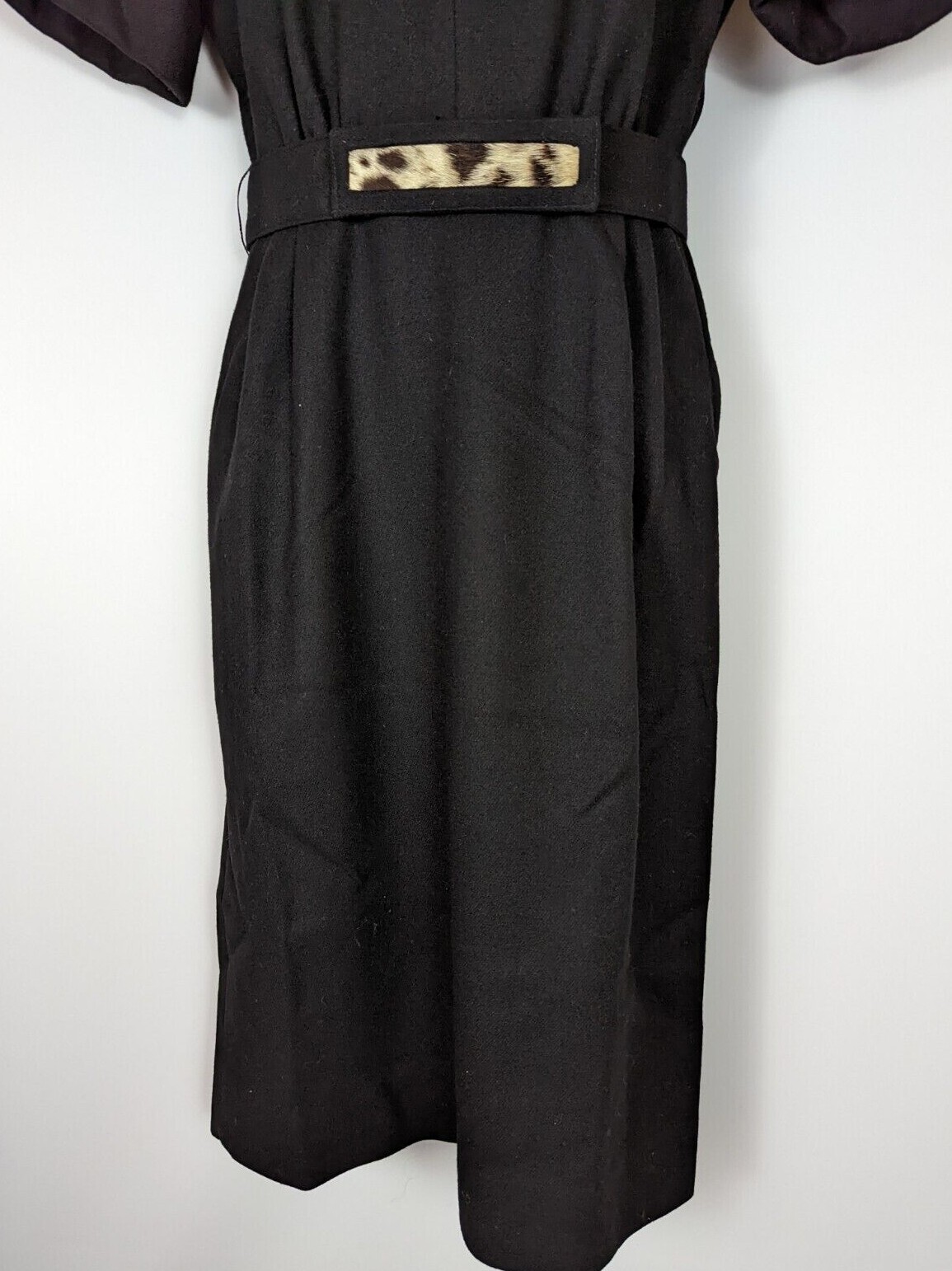 NANCY GREER NEW YORK VTG 70s Black Wool Belted Sheath Dress MED