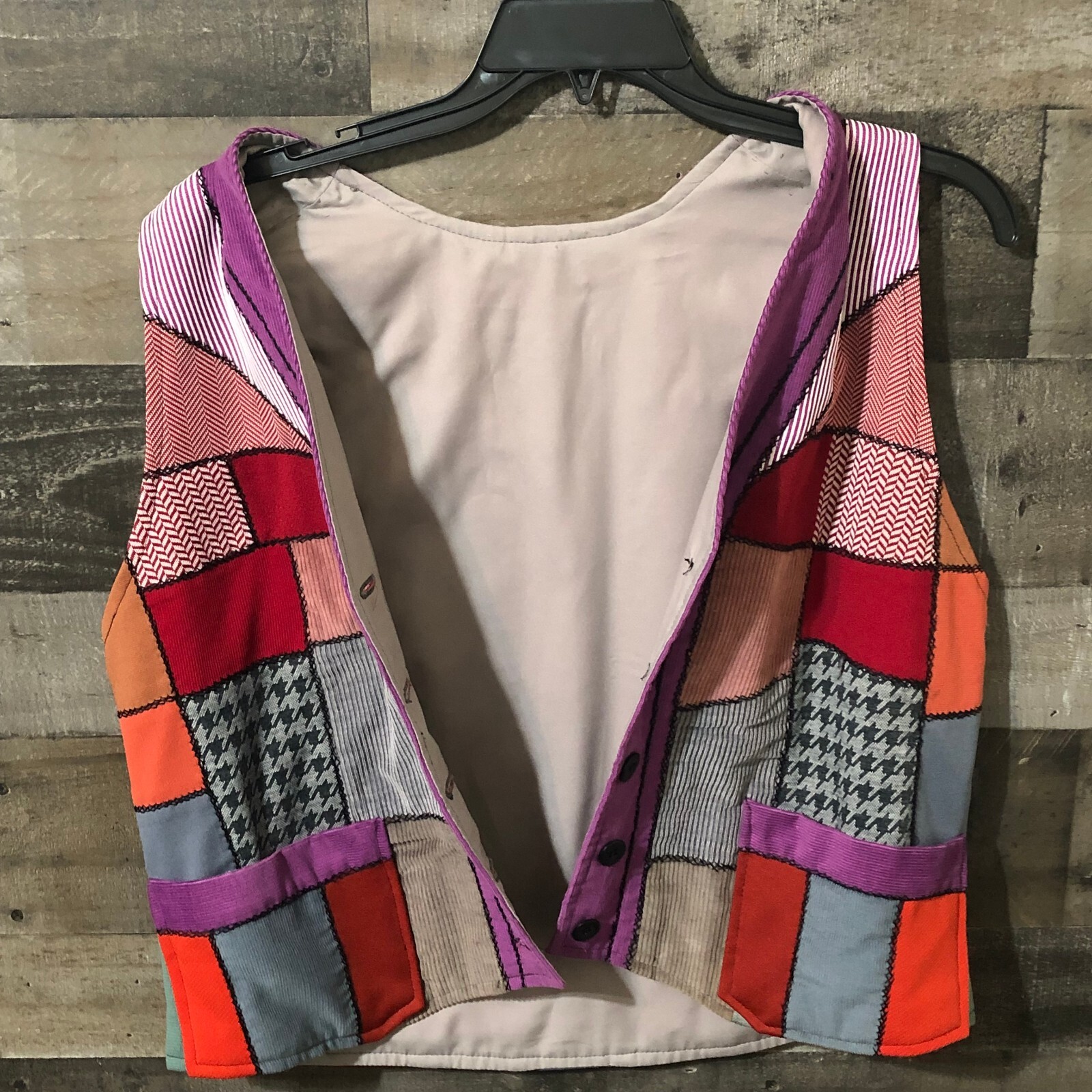Patchwork Womens Dopamine Quilted Hand Crafted Artsy Vest Vtg Folk Hippie L