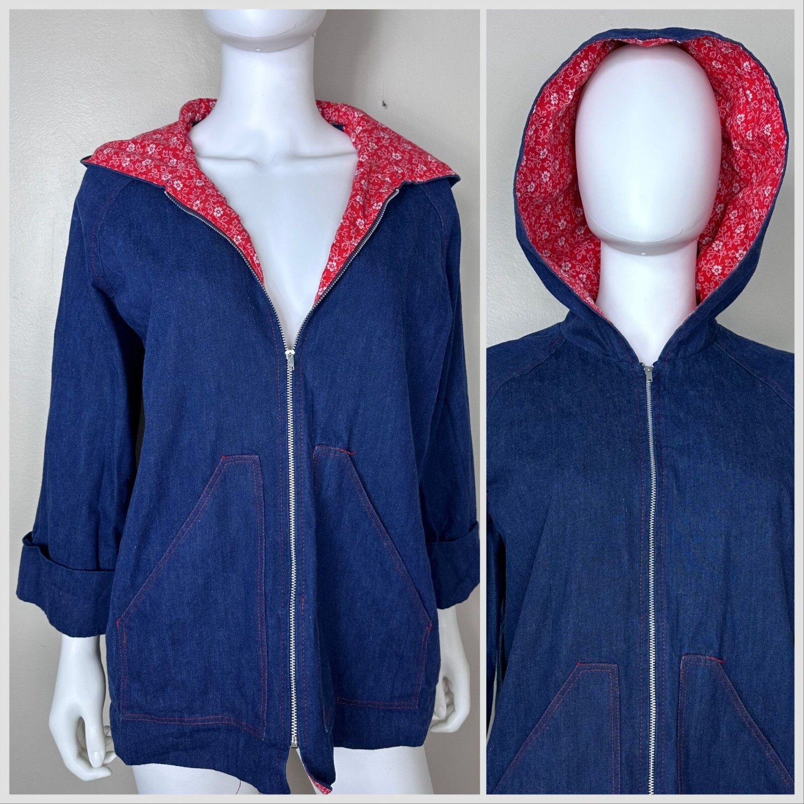 Vintage 1970s Denim Jacket with Red Floral Lined Hood 70s Shelly’s Tall Girls