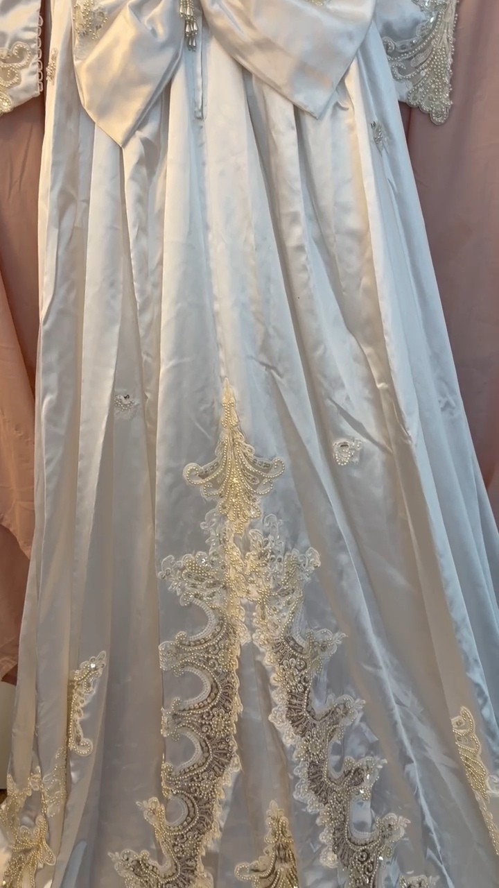 White Ivory Satin Lace Wedding Dress with Elegant Lace Details Regular Size