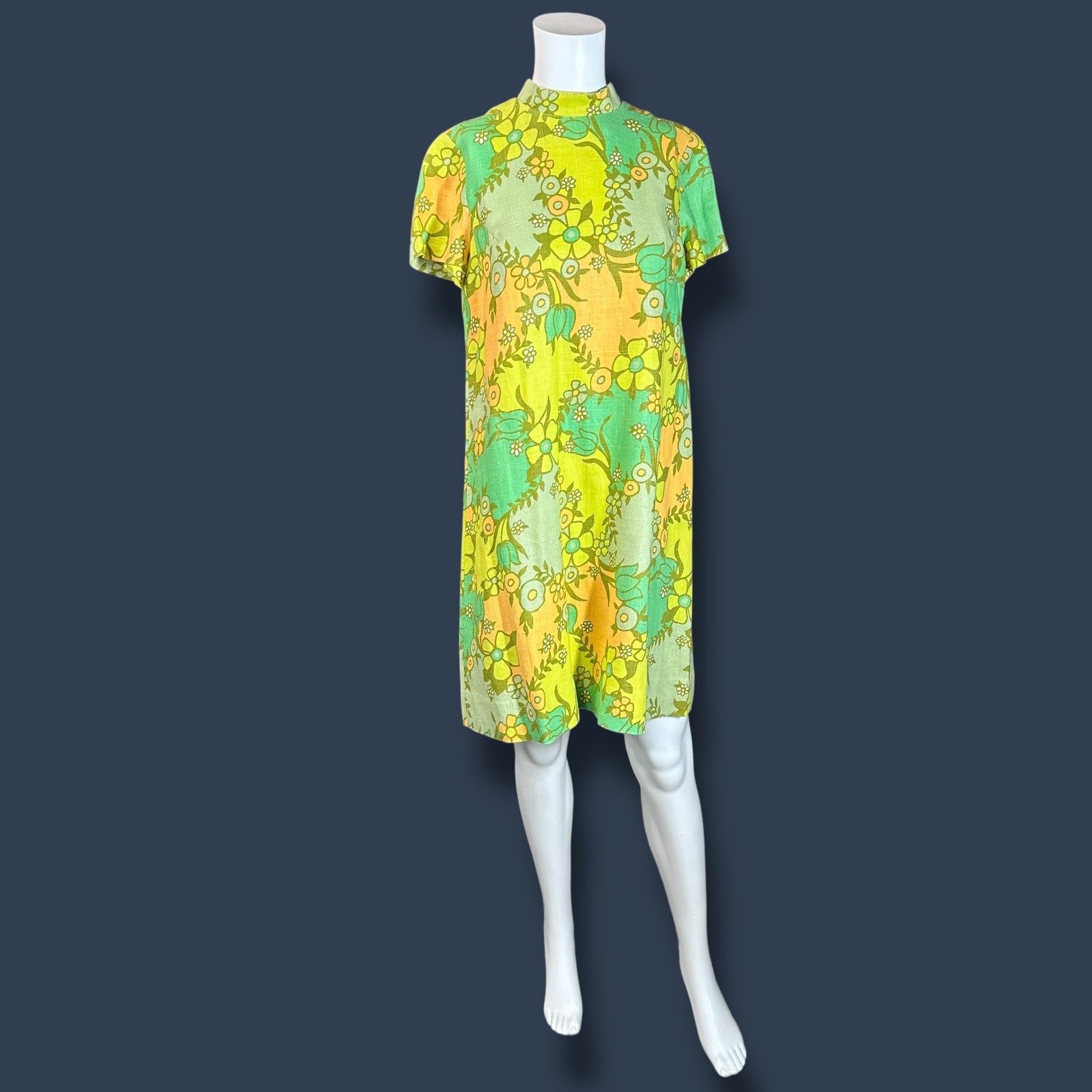 Vintage 60s Womens Sheath Dress S/M Neon Flower Power Short Sleeve Mod Hippie
