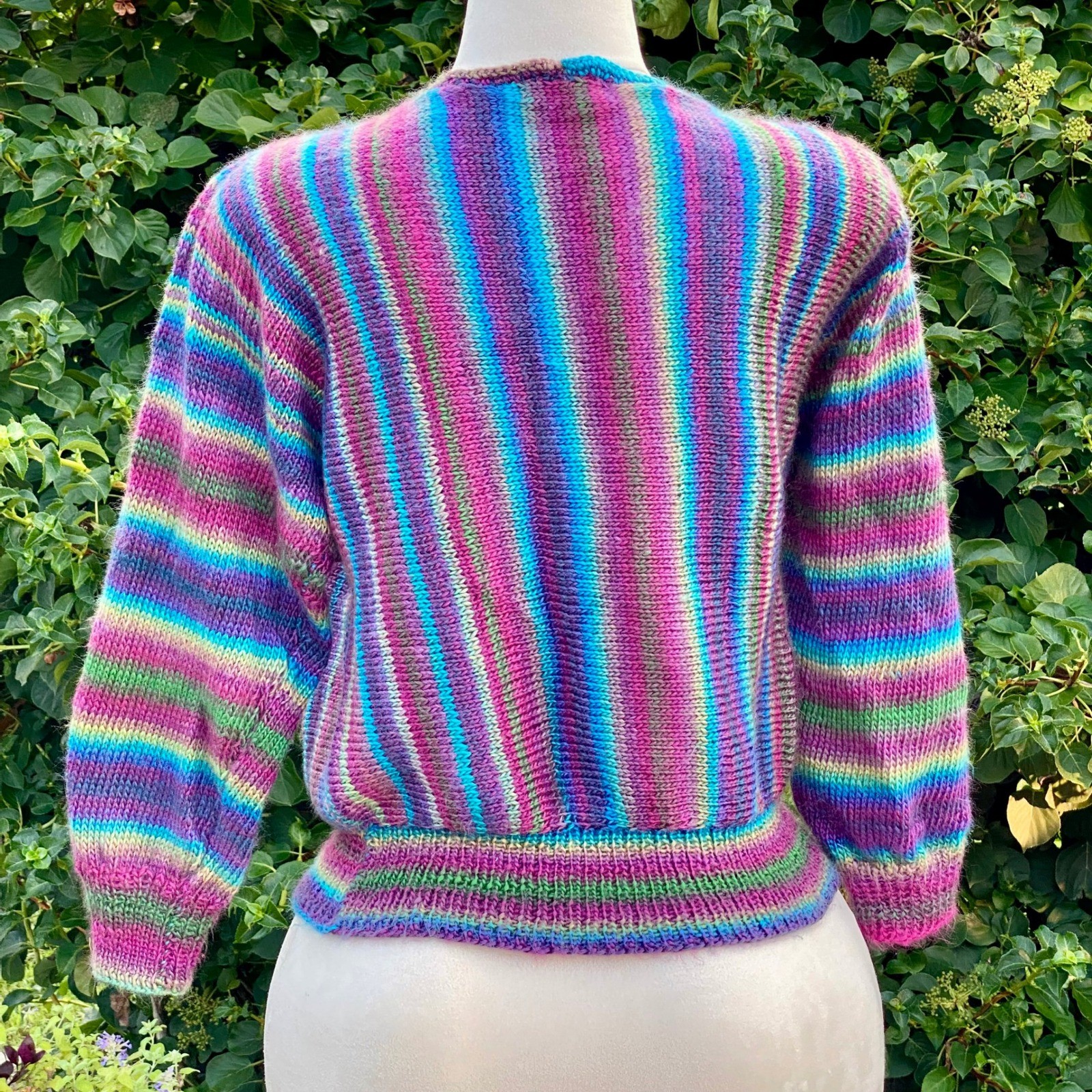 VTG Handknit Colorful Striped Balloon Sleeve Bubble Hem Sweater Twee Grandmacore