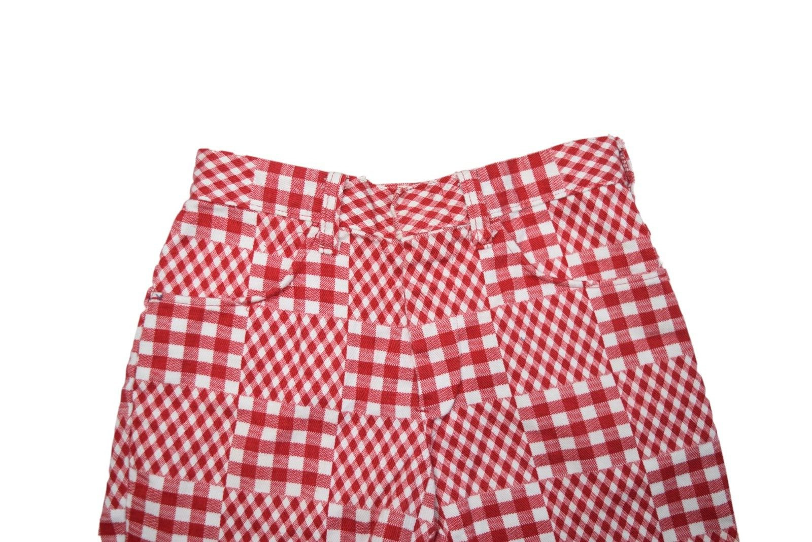 Vintage Plaid Shorts Womens 24 Picnic Patchwork Red Cut Off Fringe Pinup 70s
