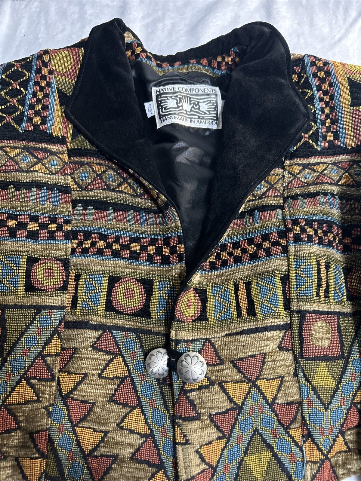 Vintage Native Components Handmade USA Southwestern Tapestry Jacket Large Velvet