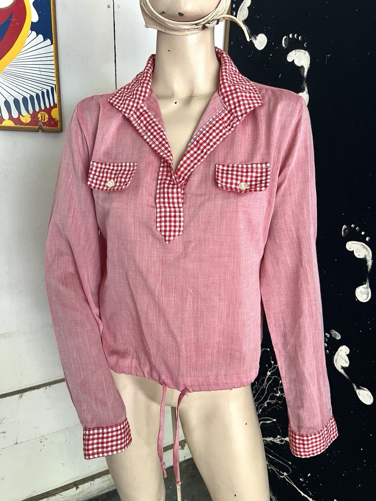 Vintage 70s Lightweight Polo Gingham Pink Red Picnic Summer Cinch Waist Collared