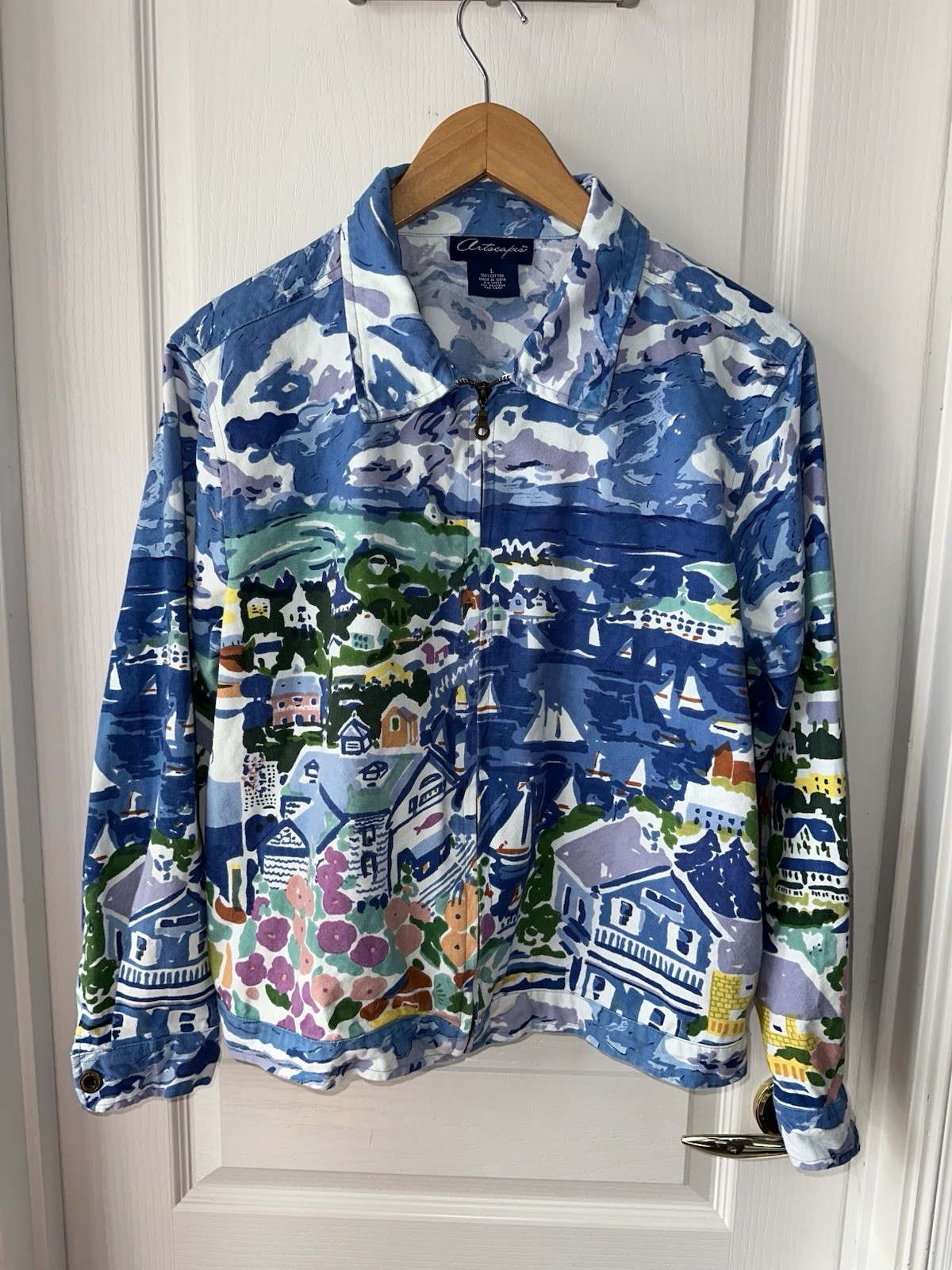 VTG Artscapes Cotton Canvas Jacket Coastal Harbor Scene Art To Wear Women’s L
