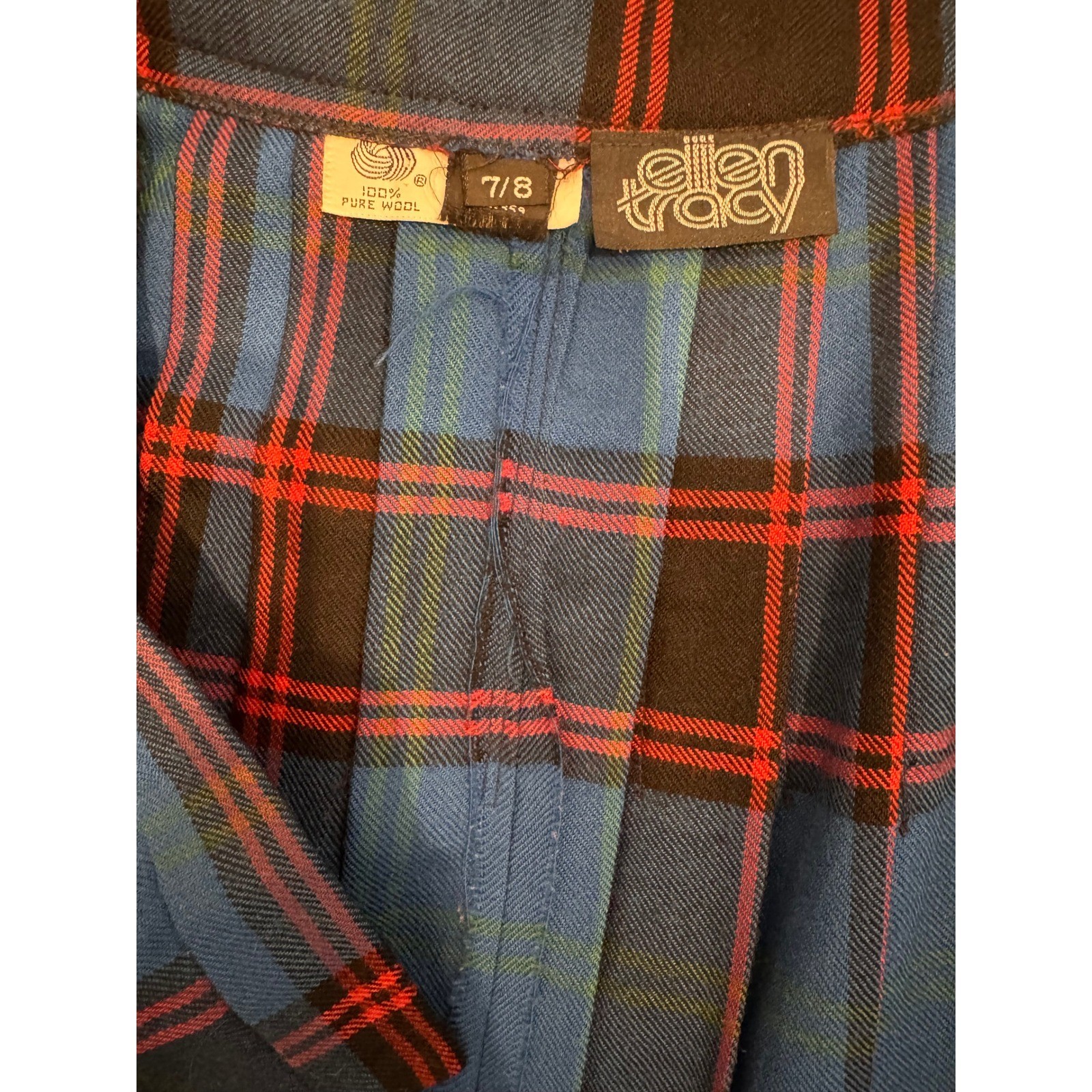 Vintage Ellen Tracy 100% Pure Wool Plaid Pleated Midi Skirt Blue Red Size 7/8