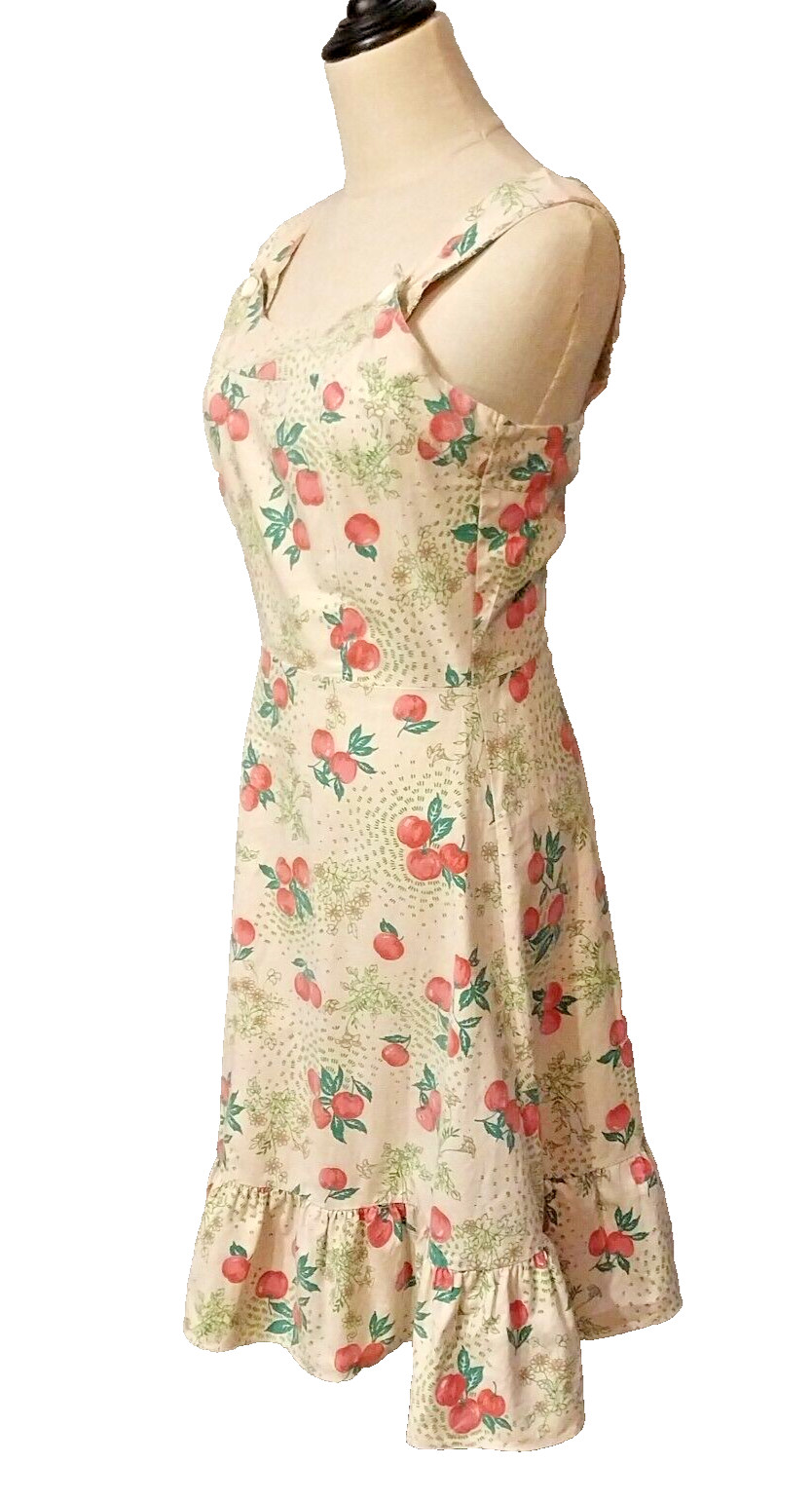 Vintage 1970’s Size 12 Cream Pink Green Apples Cotton Prairie Sundress Dress