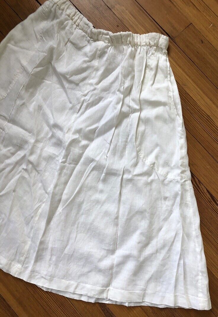 VTG FLAX ANGELHEART USA JEANNE ENGLEHART 100% LINEN WHITE SKIRT POCKETS L EUC