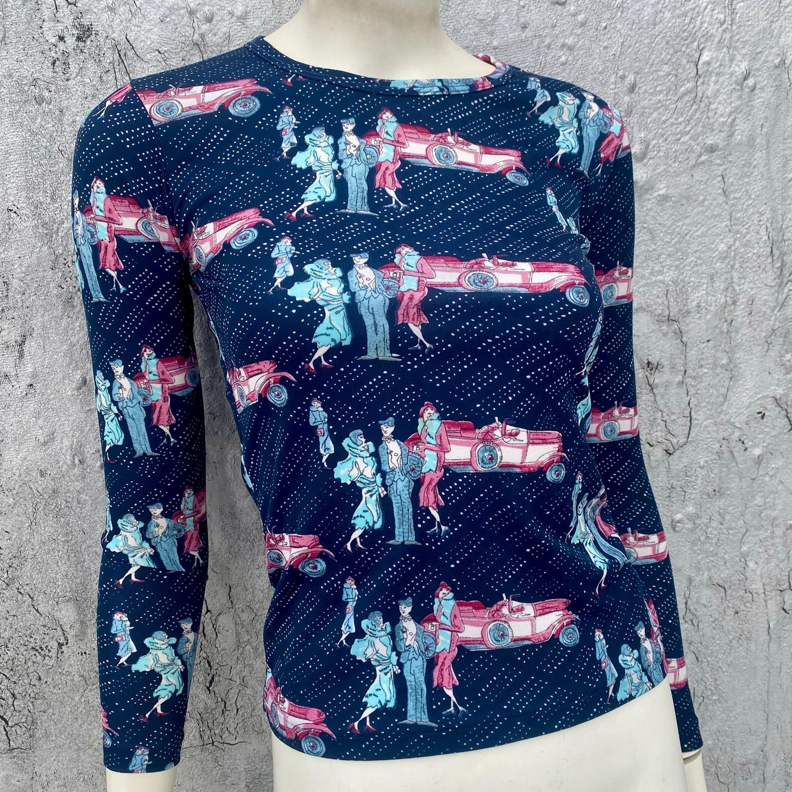 1970s Novelty Glam Rock Art Deco Print Flapper Shirt Size XS S